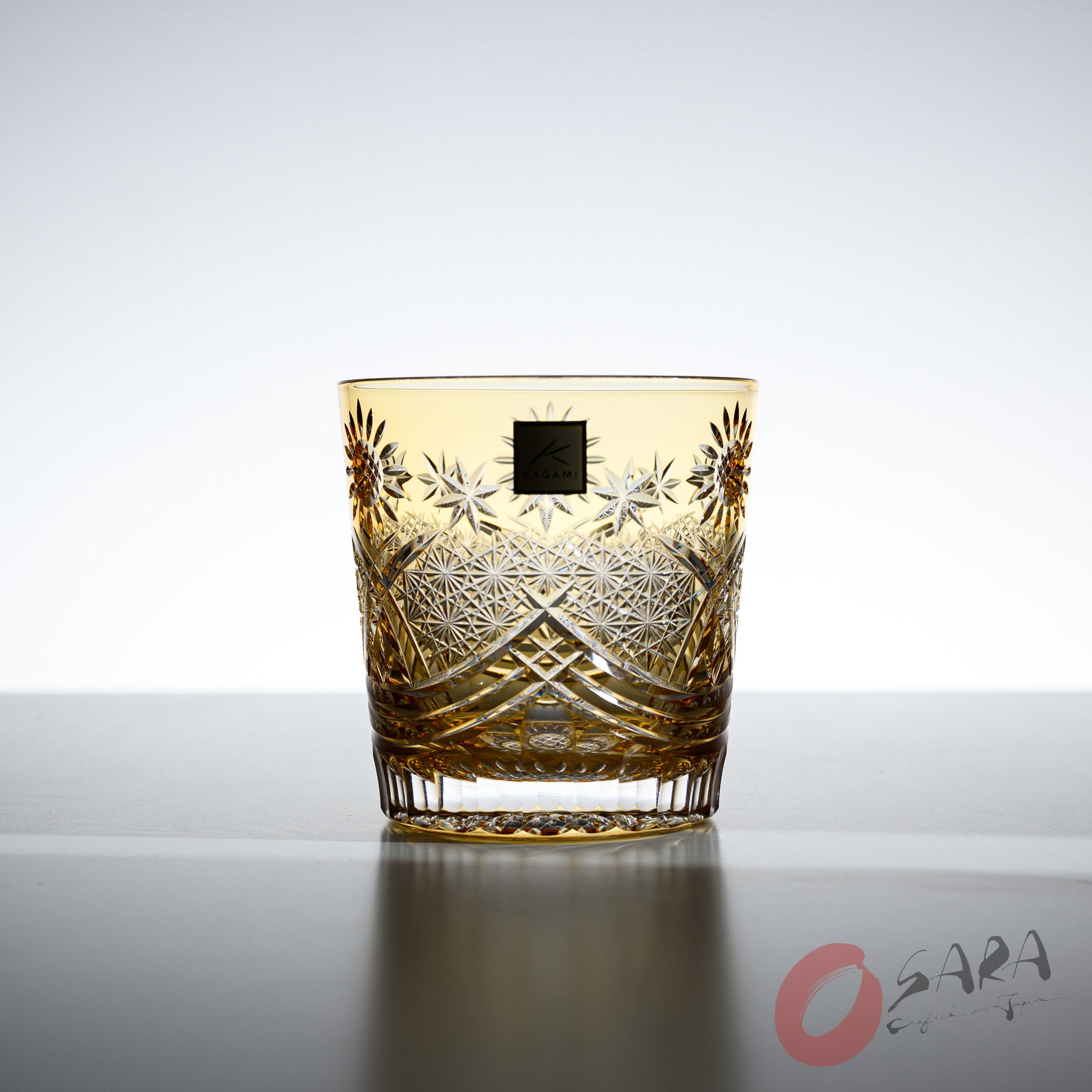 KAGAMI x OSARA Collaboration Crystal Rock Glass - Sunflower Design, Premium Whiskey Tumbler for Bourbon, Scotch & Cocktails - Elegant Barware for Home & Gifts