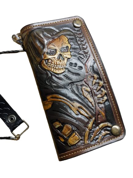 Handmade 3D Genuine Leather Wallet for Men - Custom Engraved Biker & Travel Wallet with Skull Design - Perfect for Motorcycle Riders, Business Professionals & Gift Giving