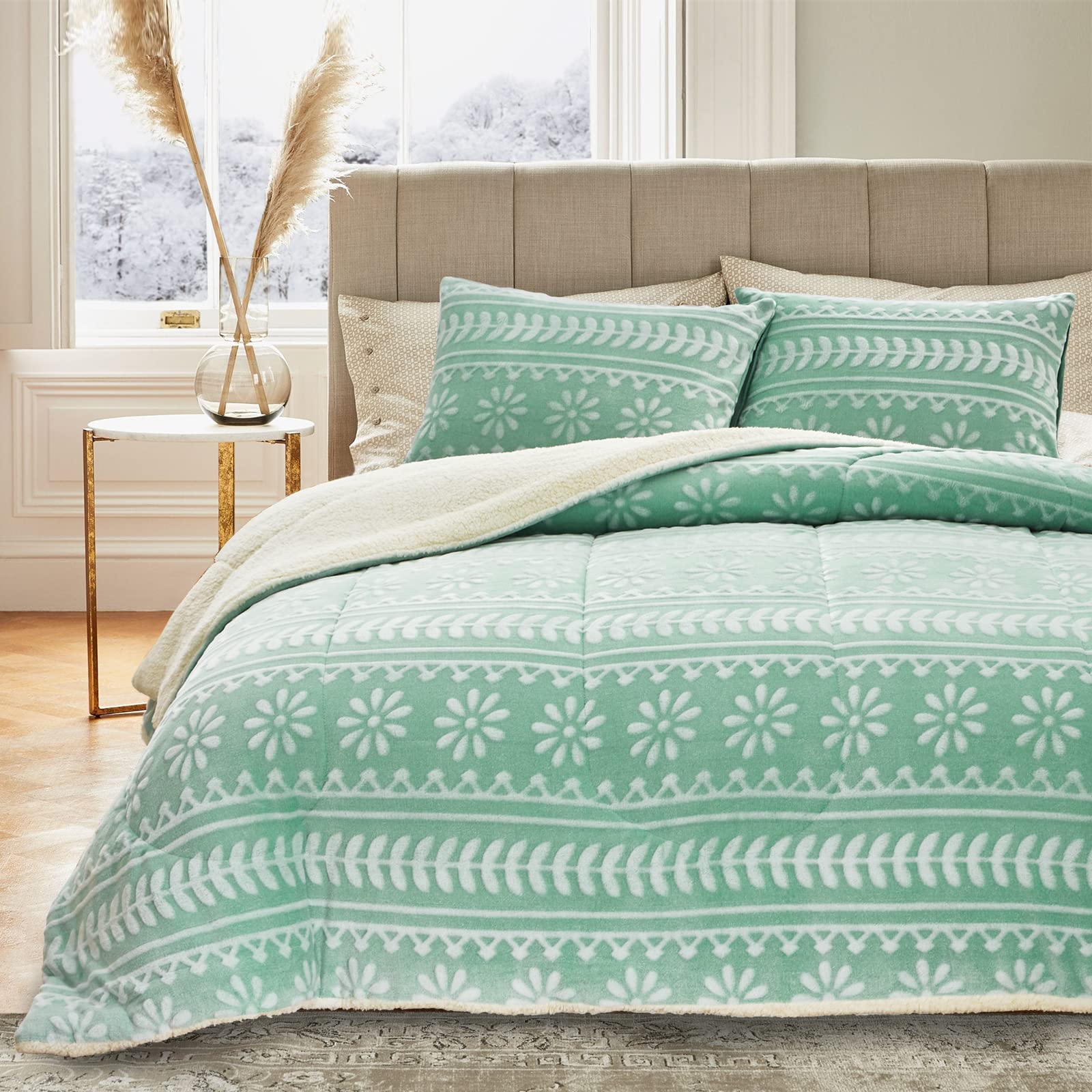 Luxury Flannel Fleece Sherpa Comforter Set 3 Pieces Twin Size - Jacquard Striped Flowers Down Alternative Comforter - Ultra Soft & Warm Bedding Set for Kids (1 Comforter + 2 Pillowcases, Aqua) - Perfect for Winter Nights & Cozy Bedrooms