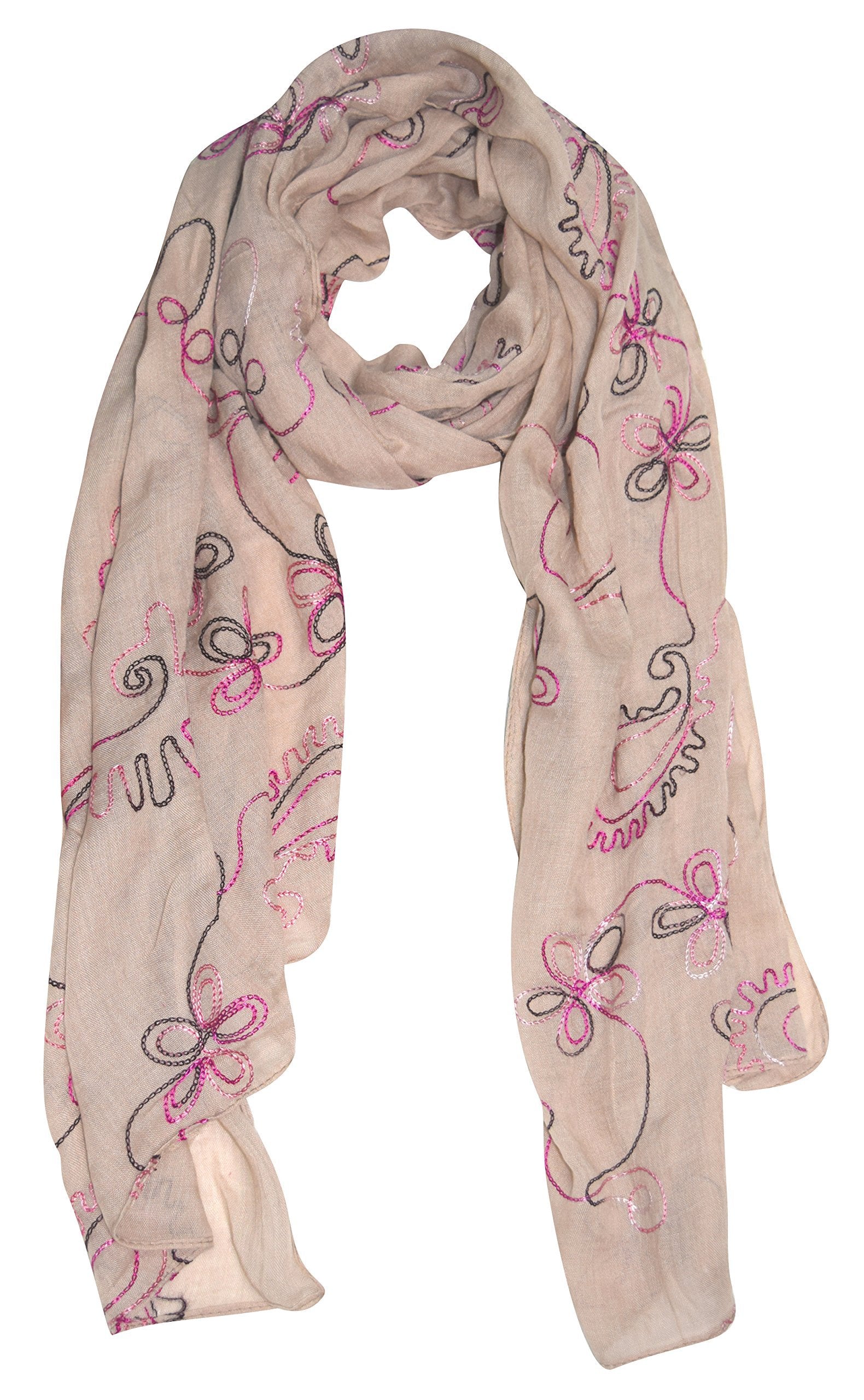 Elegant Tan Summer Fashion Blossom Embroidered Sheer Floral Scarf Wrap Shawl - Lightweight Women's Accessory for Beach, Wedding & Outdoor Events
