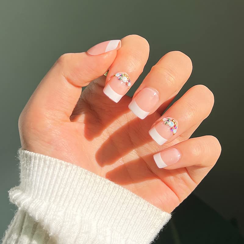 Sereen Beaute 24pcs Acrylic Press On Nails for Women - French Sparkle Fake Nails with Adhesive Tabs, Stick On Nails with Elegant Designs - Perfect for Parties, Weddings, and Special Occasions