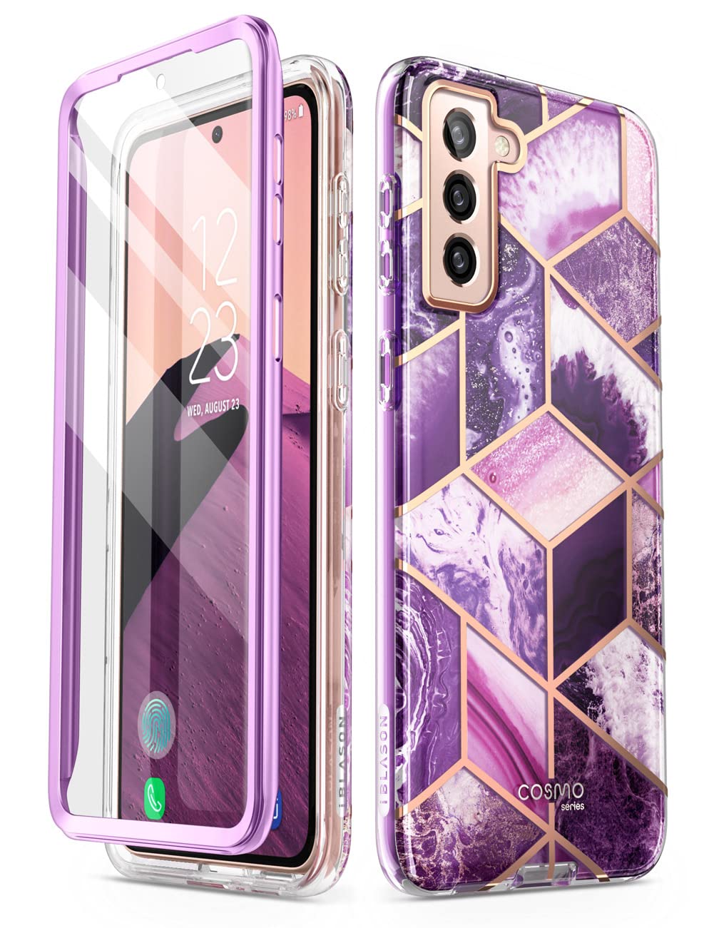 i-Blason Glitter Case for Samsung Galaxy S22 (6.1 Inch) 5G Phone - Shockproof Bumper Cover with 360° Protection & Built-in Screen Protector | Glossy Purple Cosmo Design | Perfect for Everyday Use & Outdoor Activities