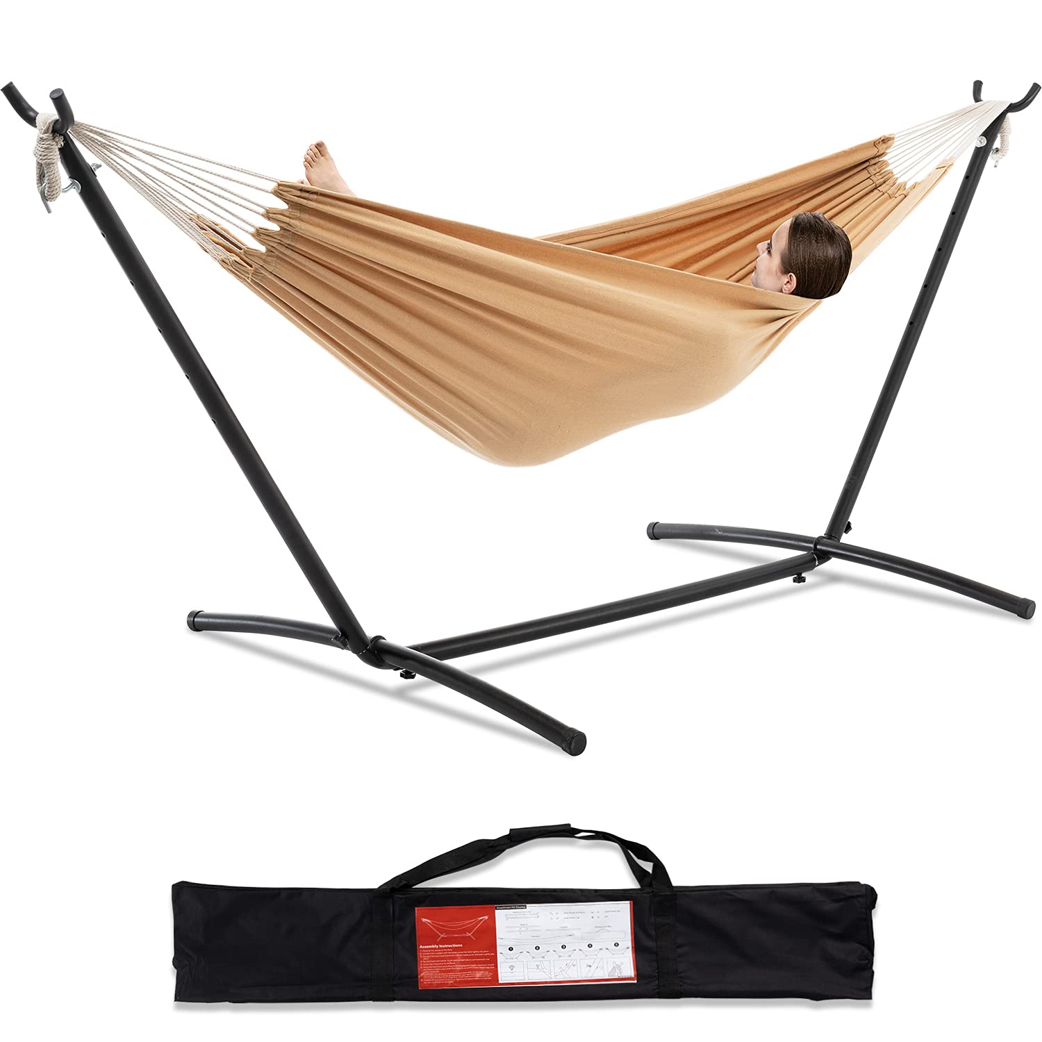 Premium Double Hammock with Space-Saving Steel Stand - 450lb Capacity for 2 Adults - Heavy Duty Outdoor Garden/Yard Hammock with Portable Carrying Bag (Wheat Color) - Perfect for Backyard Relaxation, Camping Trips & Beach Vacations