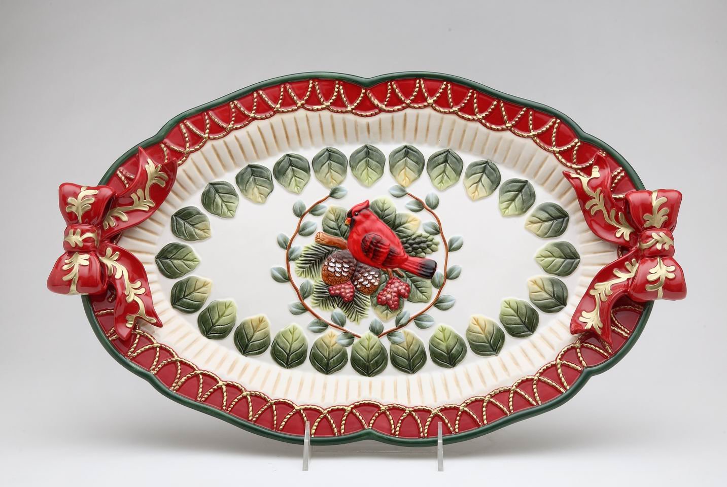 Hand-Painted Fine Ceramic Christmas Platter with Red Cardinal, Pine Cones & Gold Accents - 17.8