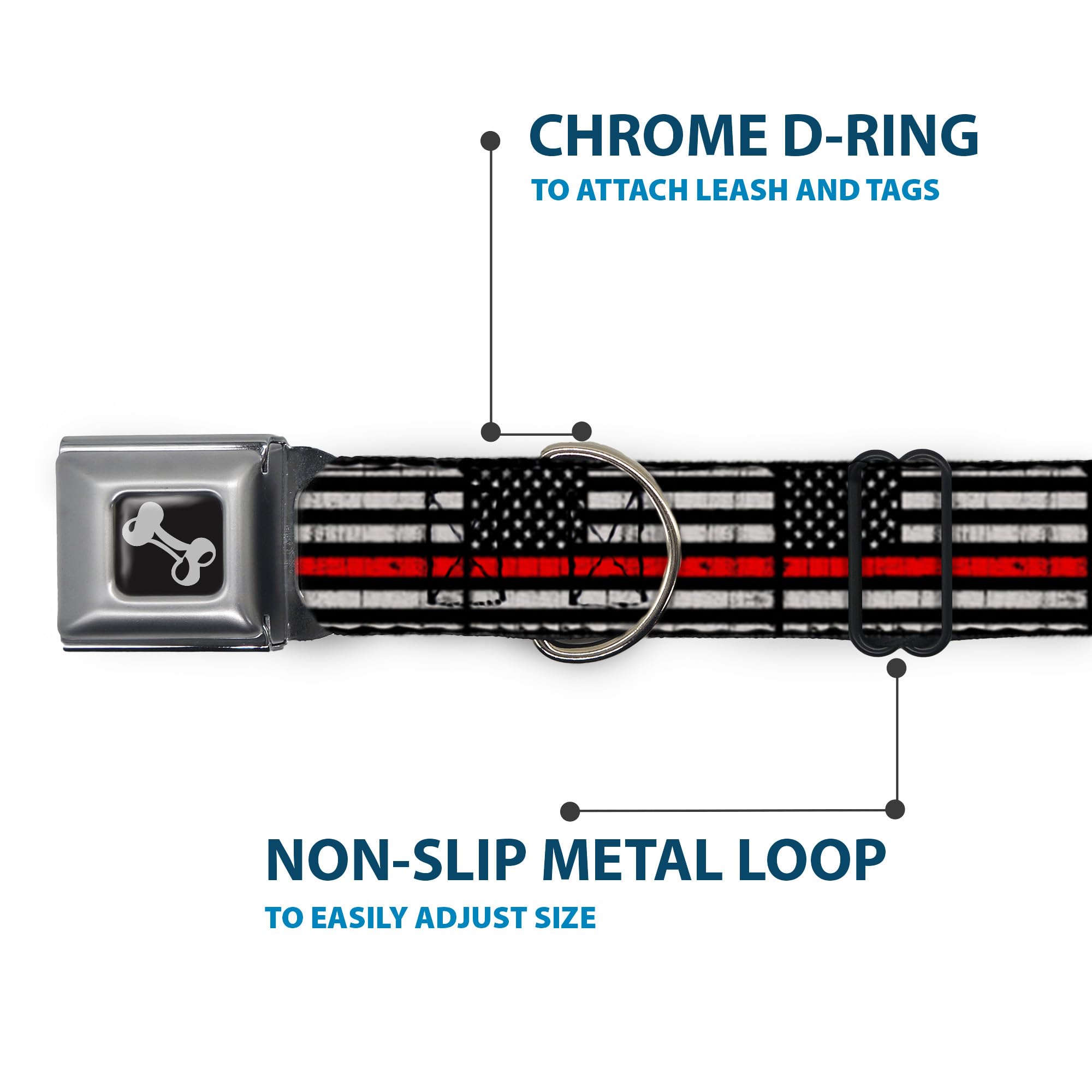 American Flag Dog Collar with Seatbelt Buckle - Thin Red Line Weathered Design, 16-23 Inches Adjustable, 1.5 Inch Wide - Perfect for Patriotic Pet Owners & Outdoor Adventures
