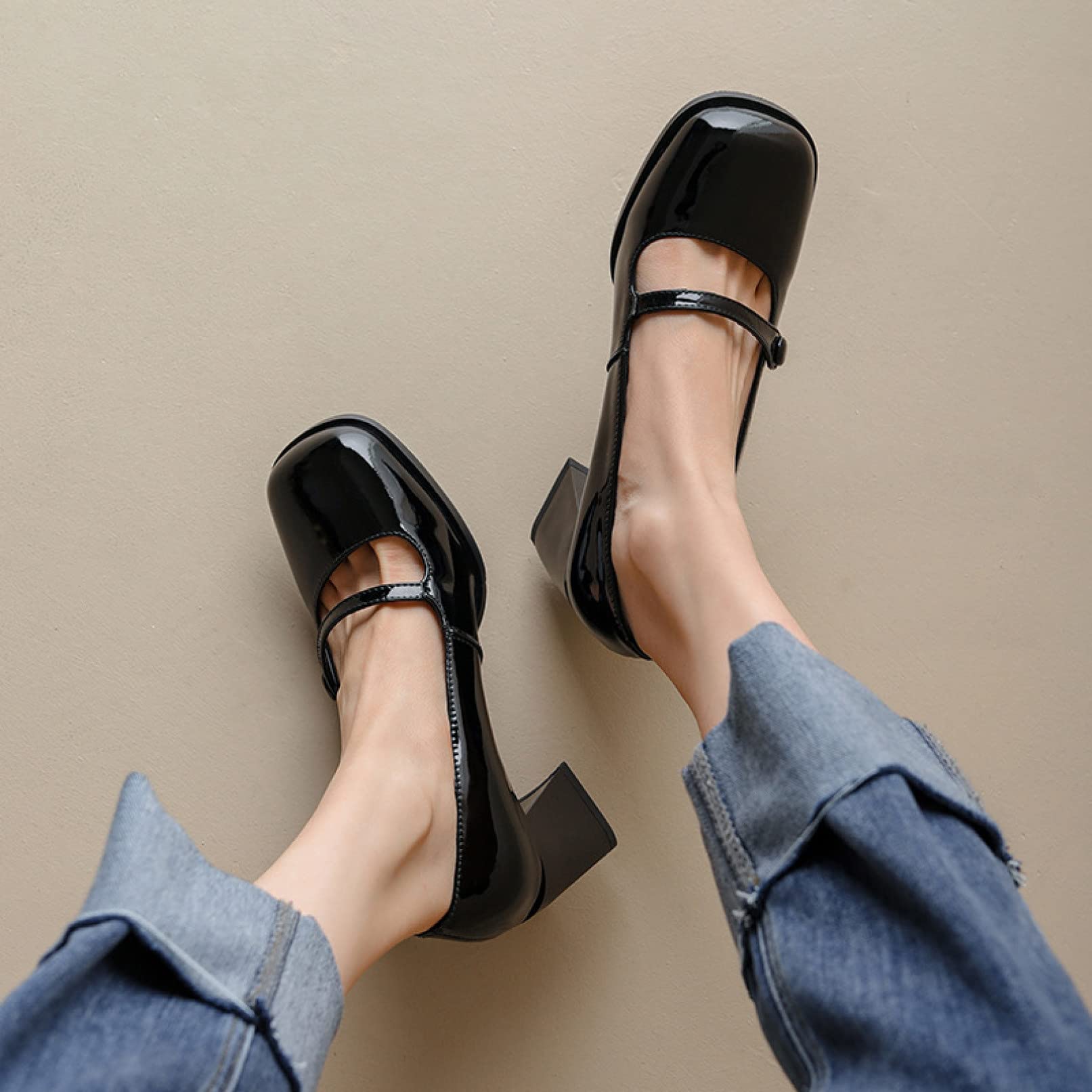 Trendy Women's Slip On Mary Jane Shoes - Comfortable Patent Leather Mid Heel Square Toe Chunky Pumps for Party, Work & Casual Wear | Perfect for Weddings, Office & Everyday Outfits