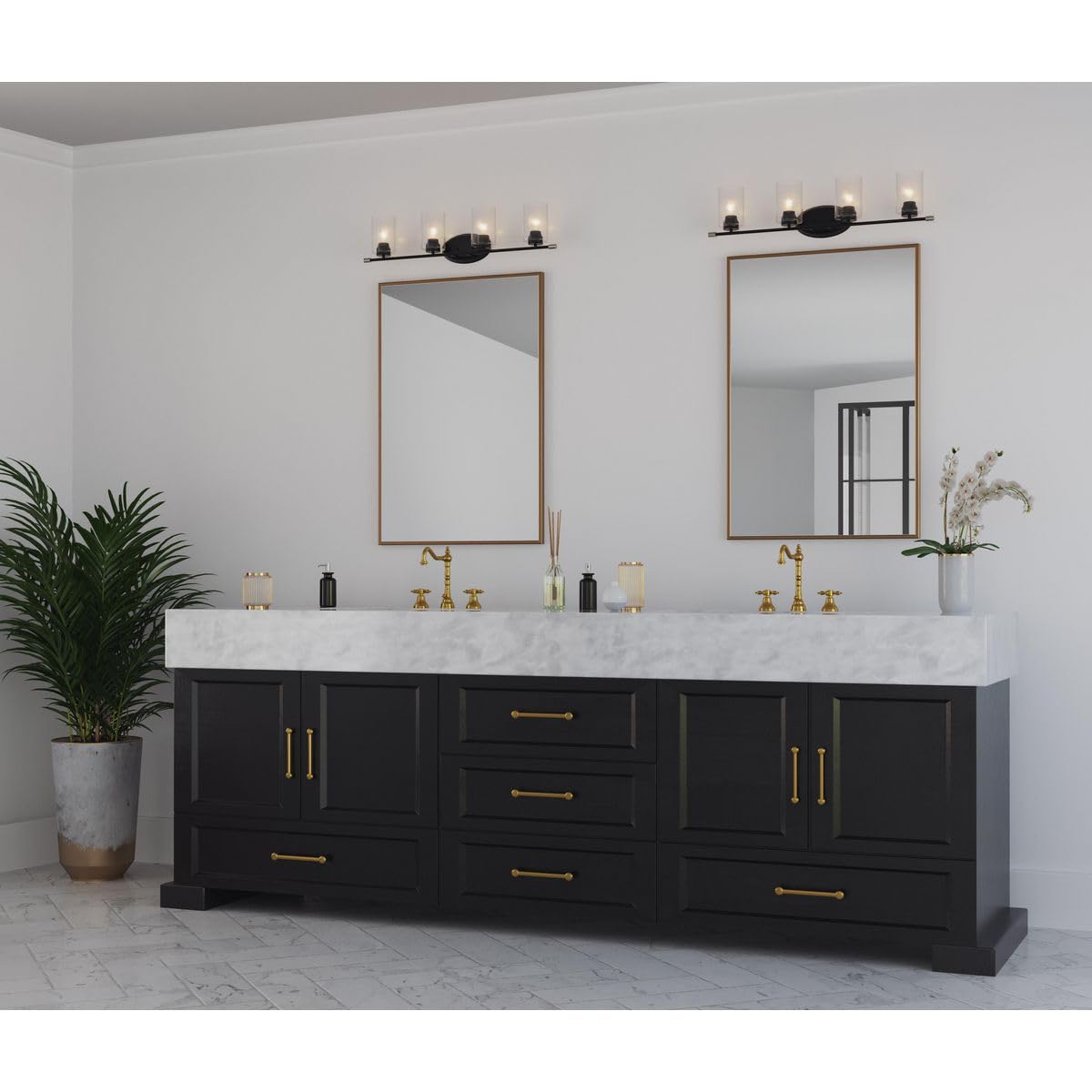 Progress Lighting Riley Collection 4-Light Clear Glass Modern Bathroom Vanity Light Fixture in Matte Black - Perfect for Contemporary Bathrooms, Powder Rooms, and Master Suites