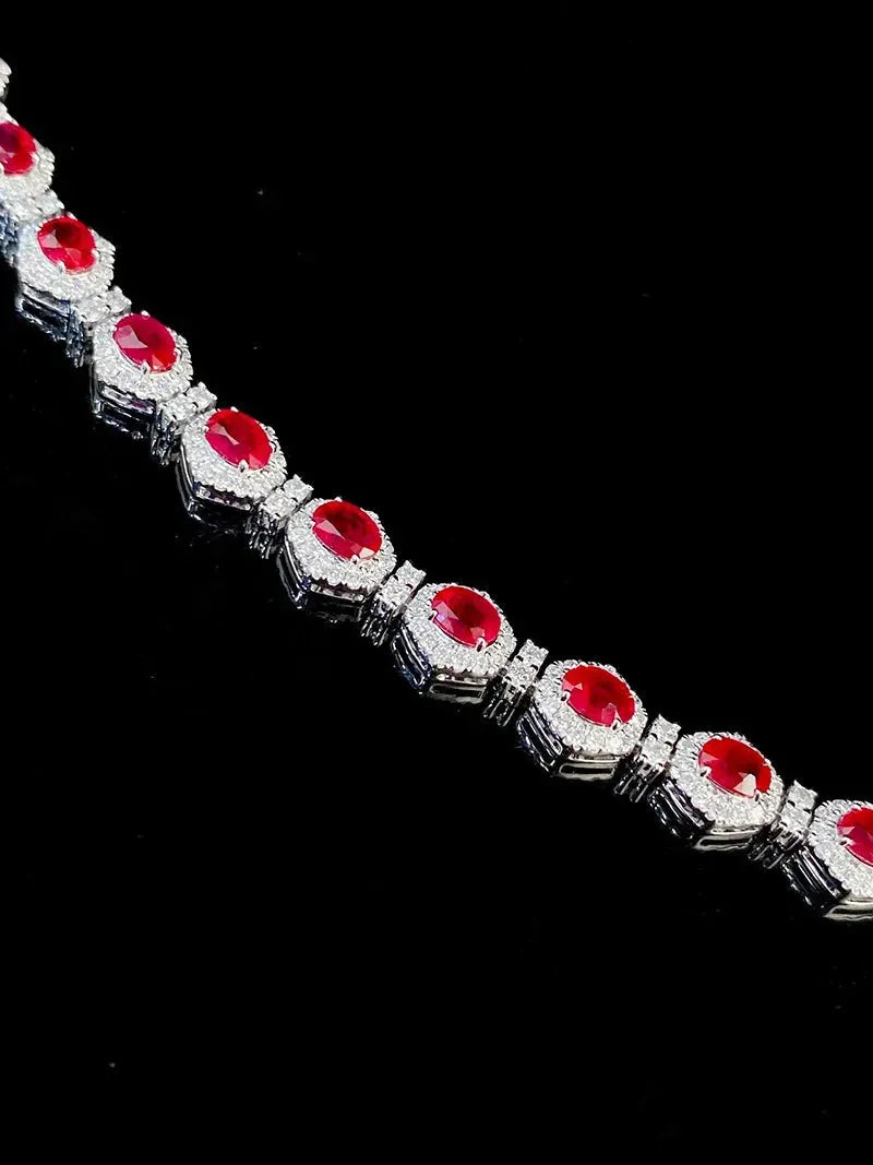 18K White Gold Bracelet with Real Natural Ruby & Shiny Diamonds - Elegant Luxury Jewelry for Women - Perfect for Senior Banquets, Weddings & Special Occasions