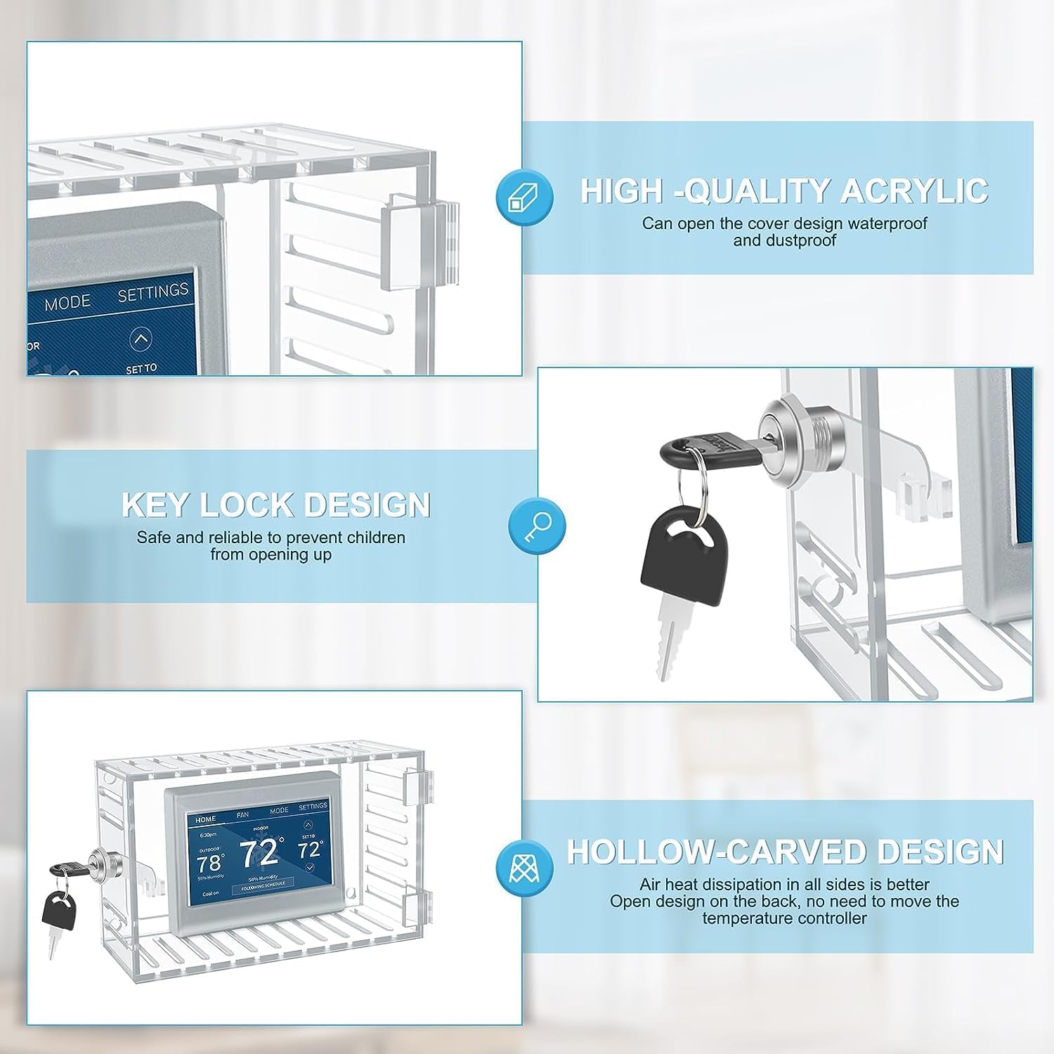 Universal Clear Thermostat Lock Box with Key - Wall Mounted Acrylic Thermostat Protector for Thermostats up to 6.5
