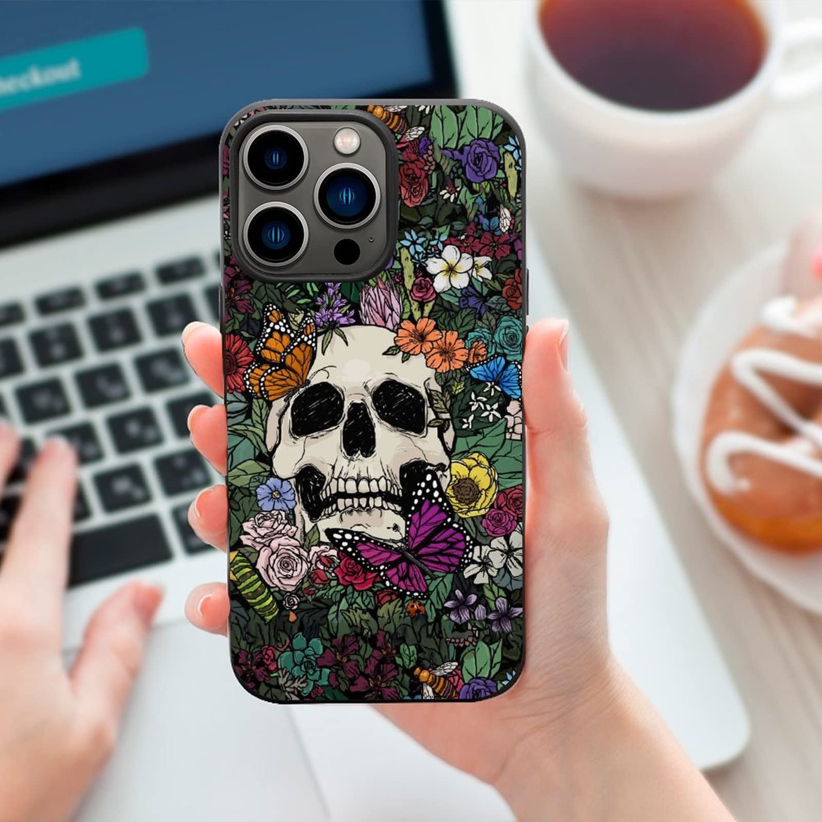 YASHILAIYA iPhone 13 Pro Max Case for Women - Skull with Butterflies & Flowers Design, Slim Soft TPU Shockproof Protective Cover (6.7