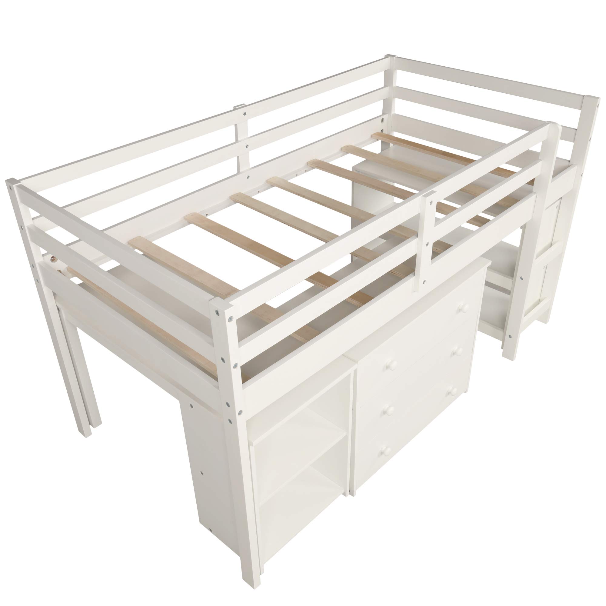 SOFTSEA Twin Loft Bed with Built-in Desk & Storage Cabinets - Space-Saving Kids & Teen Low Loft Bed for Small Rooms (White) - Perfect for Dorm, Bedroom or Studio Apartment