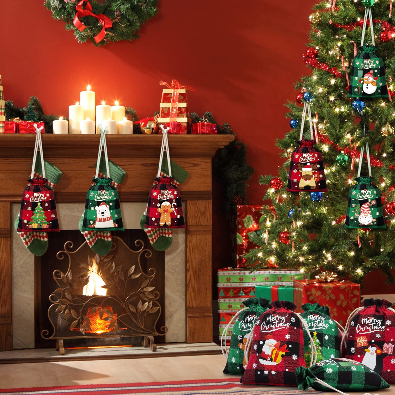 36Pcs Burlap Christmas Drawstring Bags - Buffalo Plaid Holiday Gift Bags for Candy, Treats & Party Favors | Reusable Xmas Favor Sacks for Gift Wrapping, Stocking Stuffers & Holiday Decorations