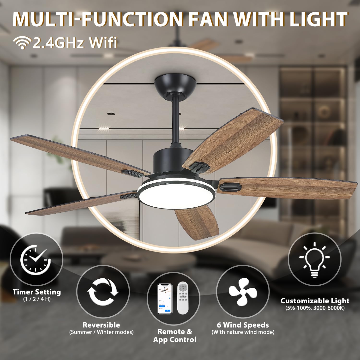 52 Inch Smart Ceiling Fan with Lights - Remote & APP Control, Ultra Silent 6-Speed Dimmable, Modern Flush Mount Low Profile - Perfect for Bedroom, Living Room, Indoor & Outdoor Use (Black)