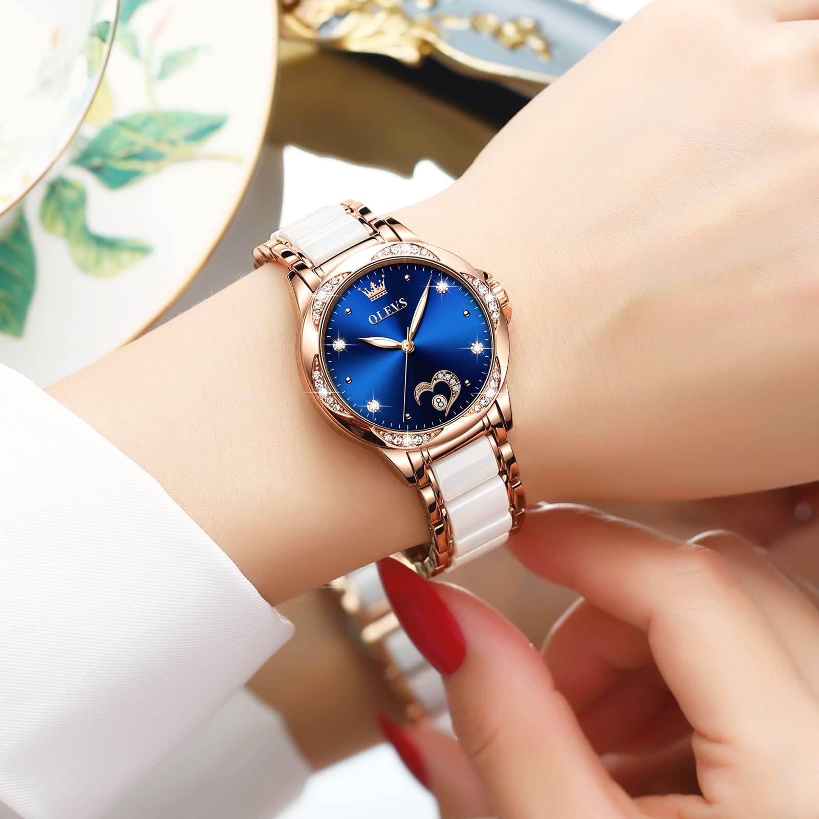 OLEVS Women's Luxury Diamond Automatic Self-Winding Watch - Elegant Stainless Steel & Ceramic Dress Watch with Luminous Hands, Waterproof for Daily Wear - Perfect for Office, Parties & Special Occasions