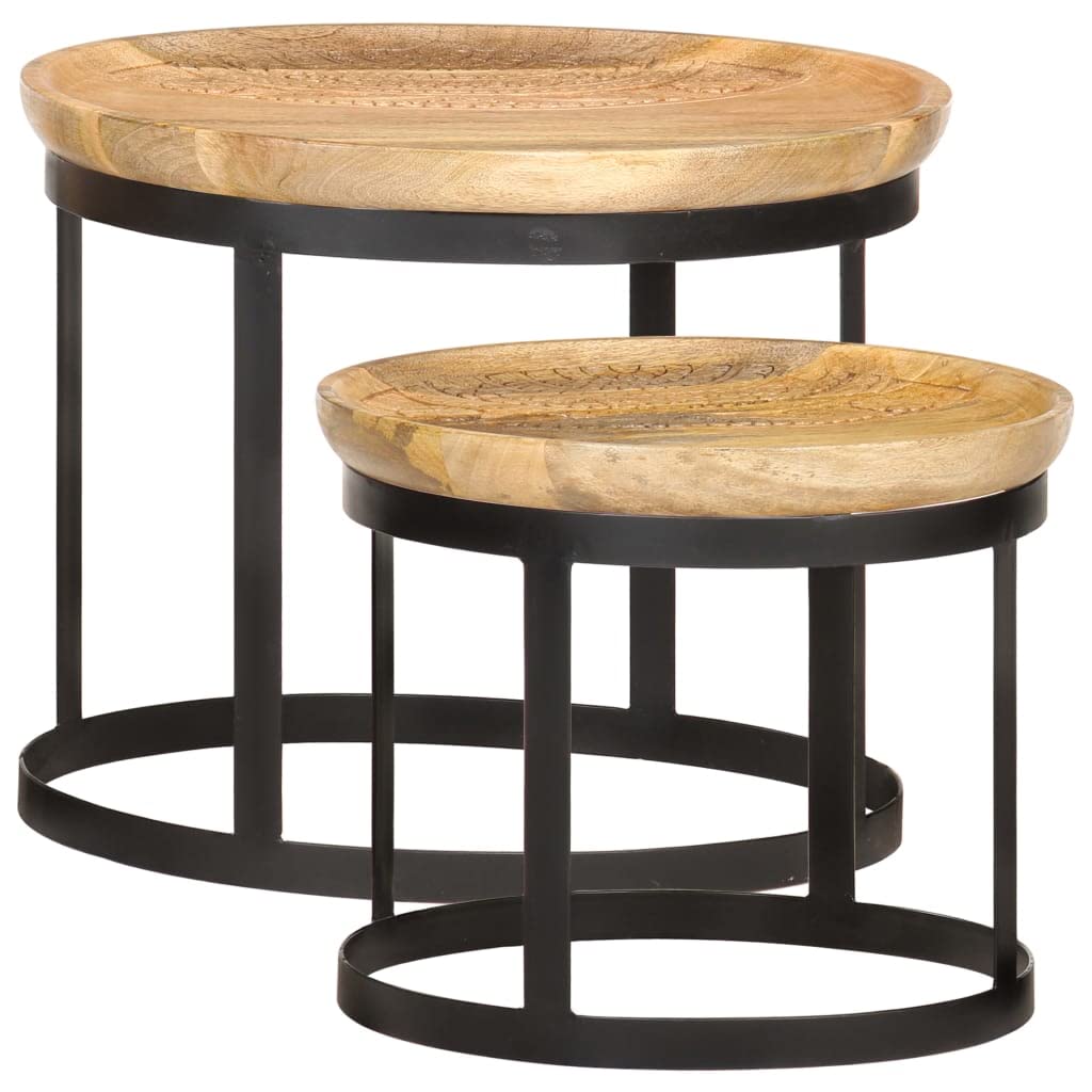 2-Piece Round Side Table Set - Solid Mango Wood & Steel End Table, Nightstand, Coffee Table with Snack Storage | Perfect for Living Room, Bedroom, Dorm & Small Spaces