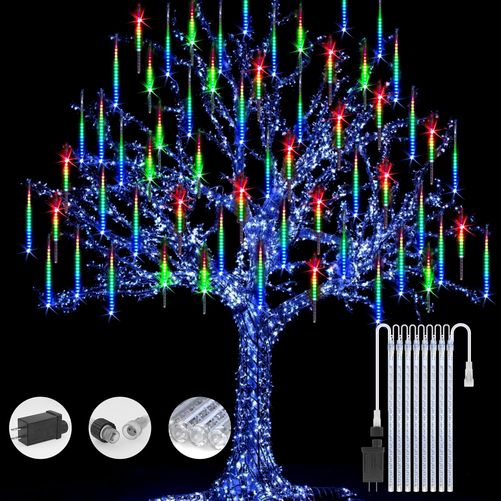 192 LED Meteor Shower Rain Lights - 8 Tube Waterproof Icicle Snowfall String Lights for Christmas, Party & Outdoor Decor | Colorful Holiday Lighting for Trees, Home, Patio & Garden