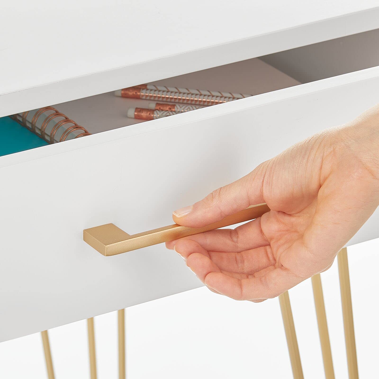Modern Minimalist Computer Desk with Drawer & Storage Cubby - White/Soft Brass Metal & Wood Home Office Desk with Hairpin Legs - Perfect for Small Spaces, Study Rooms & Remote Workstations