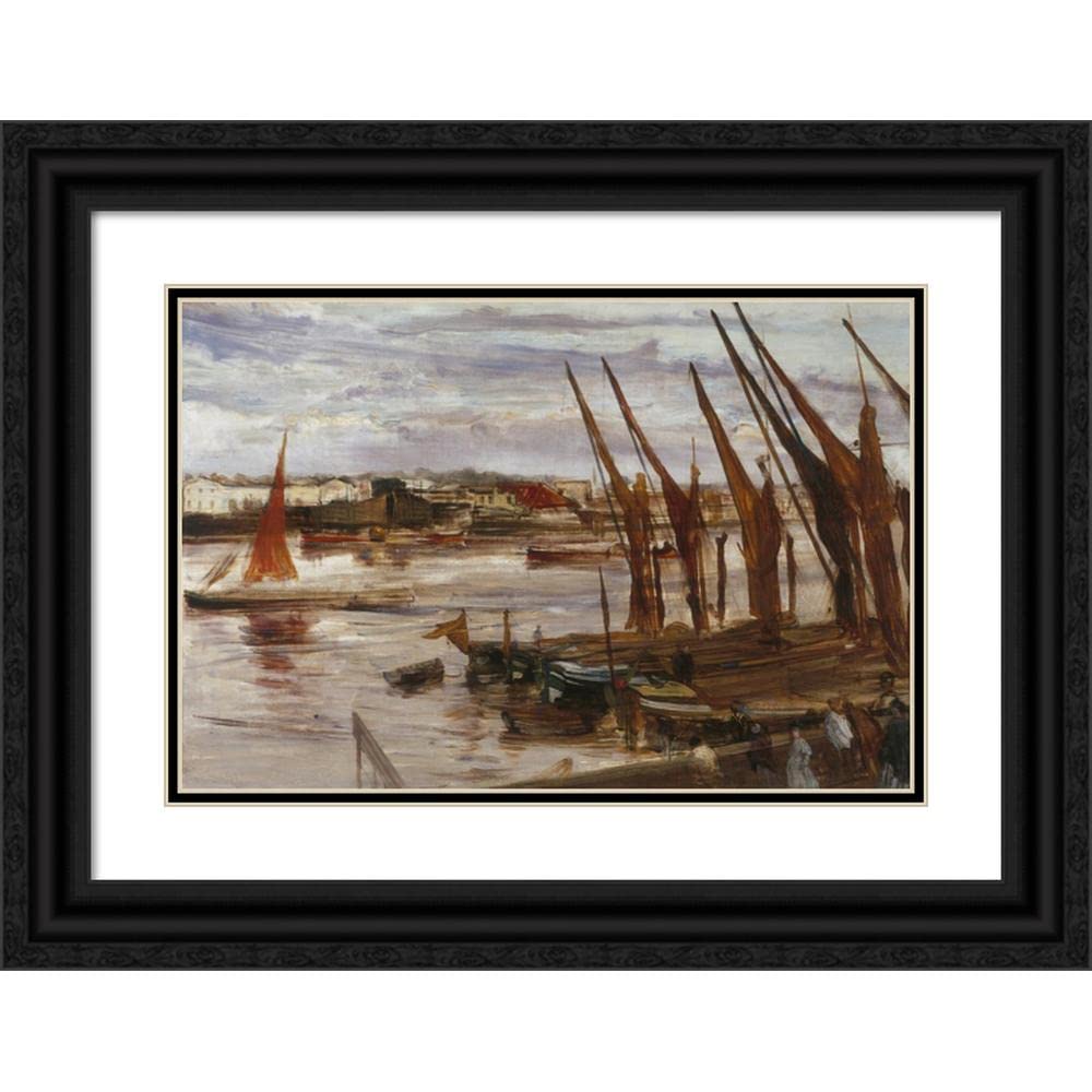 James Abbott McNeill Whistler Battersea Reach Framed Art Print - 24x17 Inch Black Ornate Museum Quality Double Matted Reproduction (c.1863) - Perfect for Living Room, Office & Gallery Wall Decor