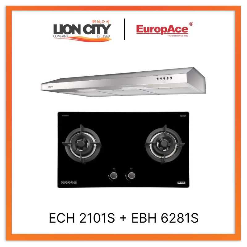 Europace ECH2101S 90cm Stainless Steel Slim Range Hood + EBH6281S 2 Burner 80cm Slim Glass Hob - Modern Kitchen Ventilation & Cooking Solution for Small Spaces