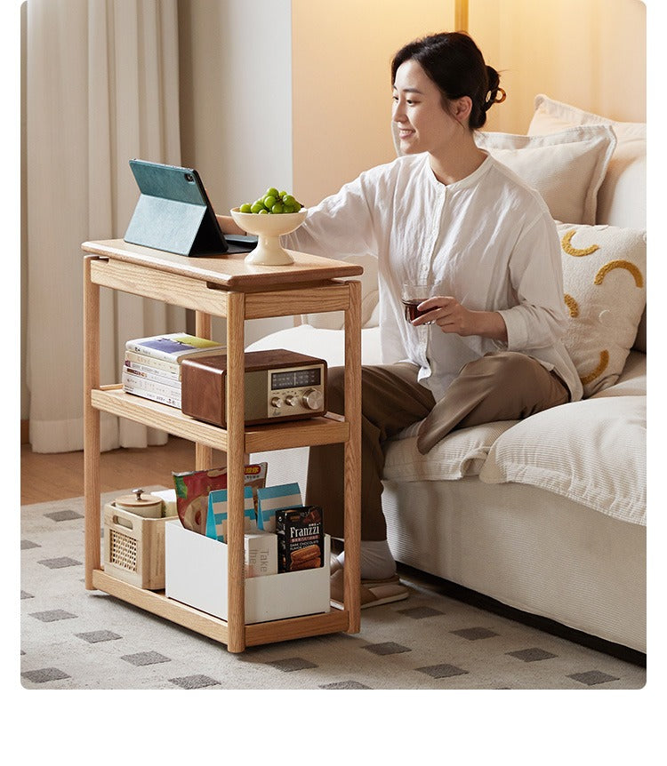 Solid Oak and Ash Wood Mobile Side Table - Portable End Table for Living Room, Bedroom, or Outdoor Use