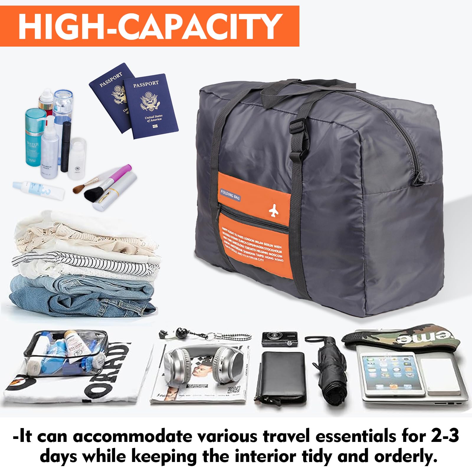 Foldable Travel Duffel Bag - Water Resistant Gym Tote & Carry On Luggage for Sports, Weekend Trips & Overnight Stays - Perfect for Gym, Travel & Outdoor Adventures