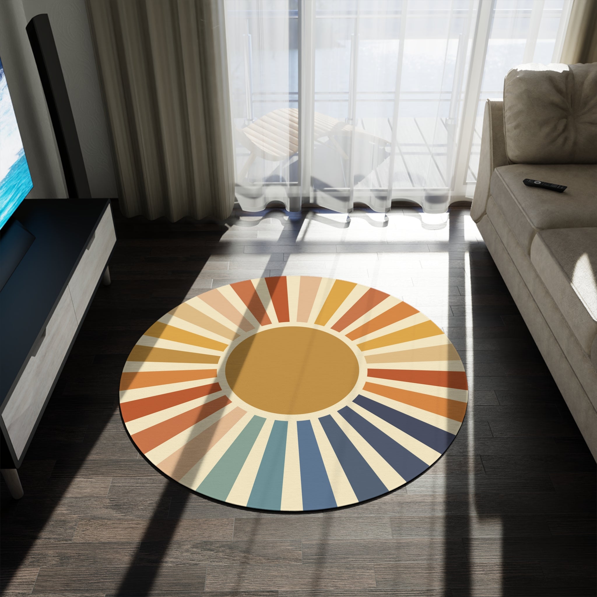 Pastel Sunburst Round Chenille Rug for Living Room - Soft Polyester Area Rug, Non-Slip Floor Mat - Perfect for Bedroom, Dorm, or Office Decor