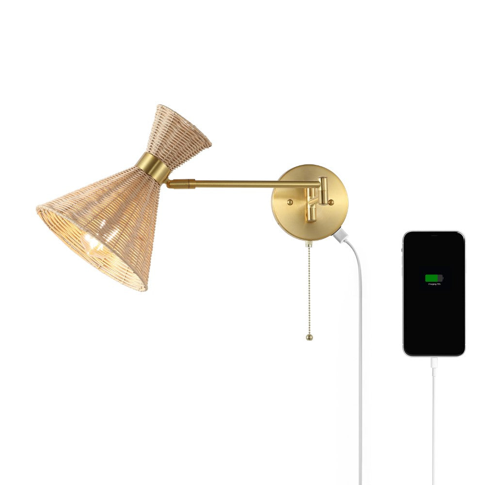 Vintage Mid Century Modern Swing Arm Wall Sconce - Rattan & Metal USB LED Light with Pull Chain - Perfect for Bedroom, Living Room & Office Lighting