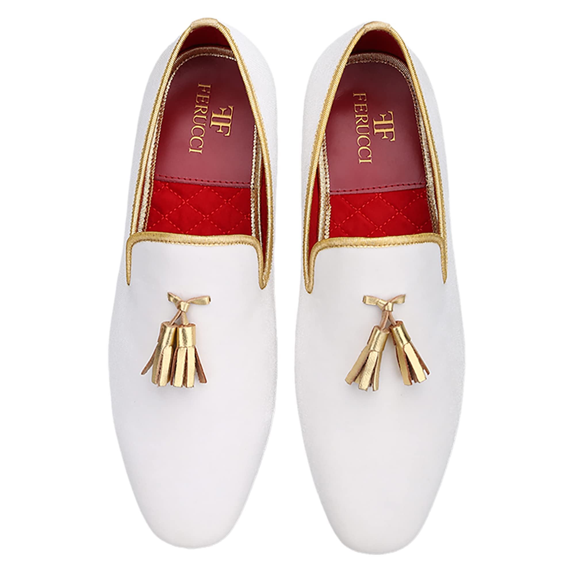 FERUCCI Men's White Velvet Loafers with Gold Tassel - Square Toe Formal Slippers for Wedding, Prom & Special Occasions - Comfortable Dress Shoes for Evening Events & Parties