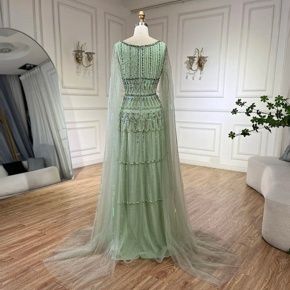 Elegant Dubai Arabic Sage Green Evening Gown with Cape Sleeves - LA72595 | Formal Gown for Weddings, Galas & Special Occasions