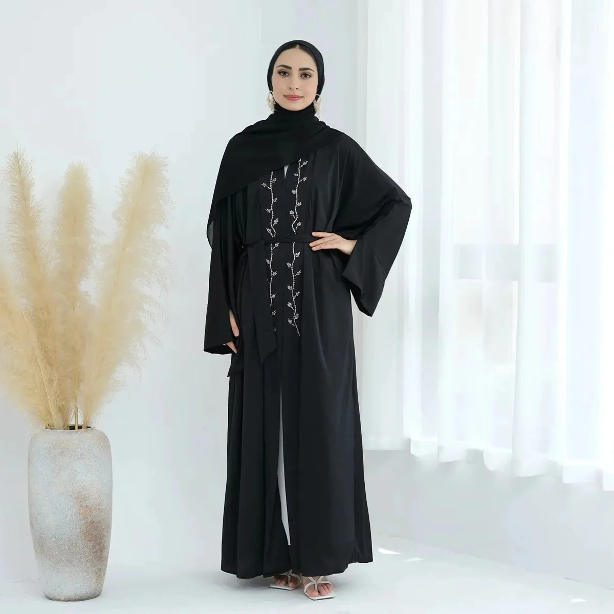 Elegant Beaded Wrinkle Satin Cardigan Open Abaya Dress for Women - Perfect for Weddings, Parties & Special Occasions #25828