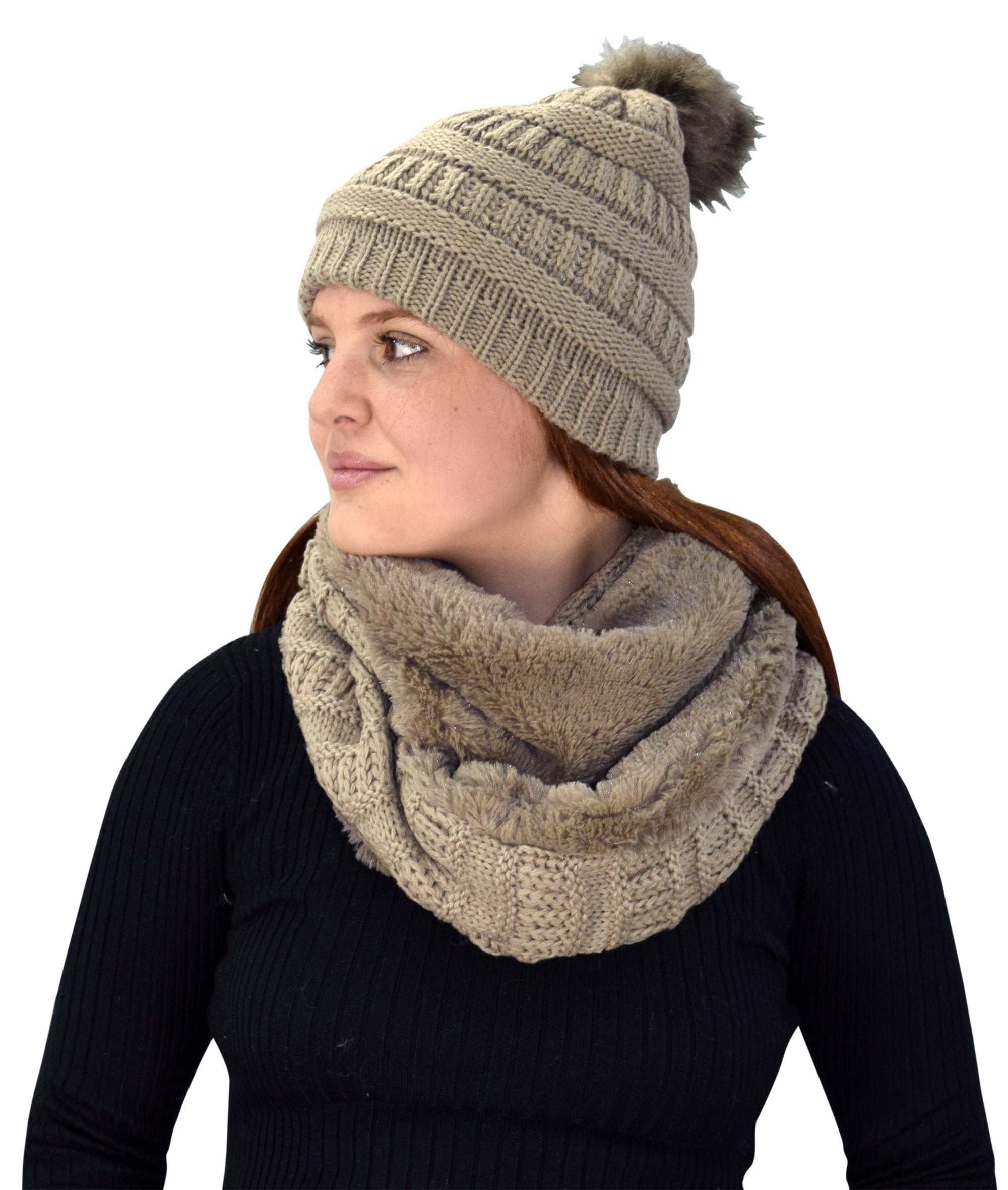 Taupe 99 Peach Couture Thick Crochet Beanie Hat & Plush Infinity Scarf Set - 2 Pack Winter Accessories for Women | Cozy Outfit for Cold Weather, Snow Days & Outdoor Activities