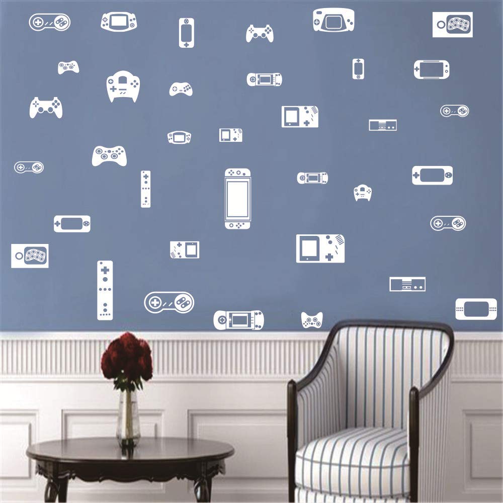 Kids Gaming Wall Decals - Removable Vinyl Gamepad & Console Stickers for Boys Bedroom Decor, Video Game Themed Room Art (White) AM108 - Perfect for Gamer Kids' Rooms, Playrooms & Teen Gaming Setups