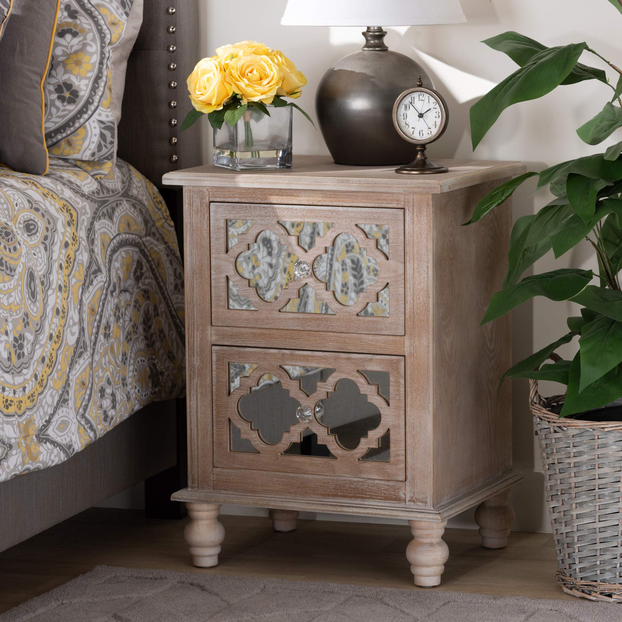 Baxton Studio Modern Nightstand with Mirror - Natural Wood Bedside Table for Bedroom, Living Room & Guest Room