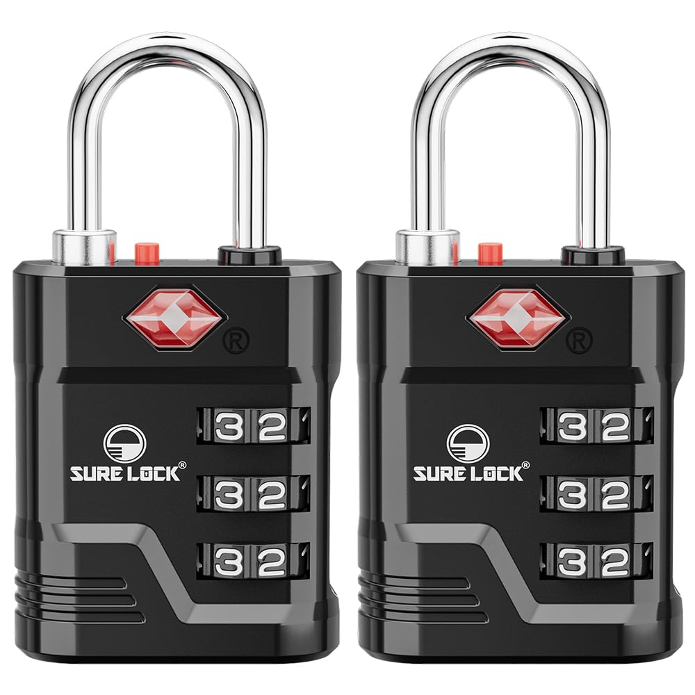 SURE LOCK TSA Approved Luggage Locks (2-Pack, Black) - High Security Travel Locks with Open Alert, Easy Read Dials & Zinc Alloy Body - Perfect for Suitcases, Gym Lockers & Airplane Travel