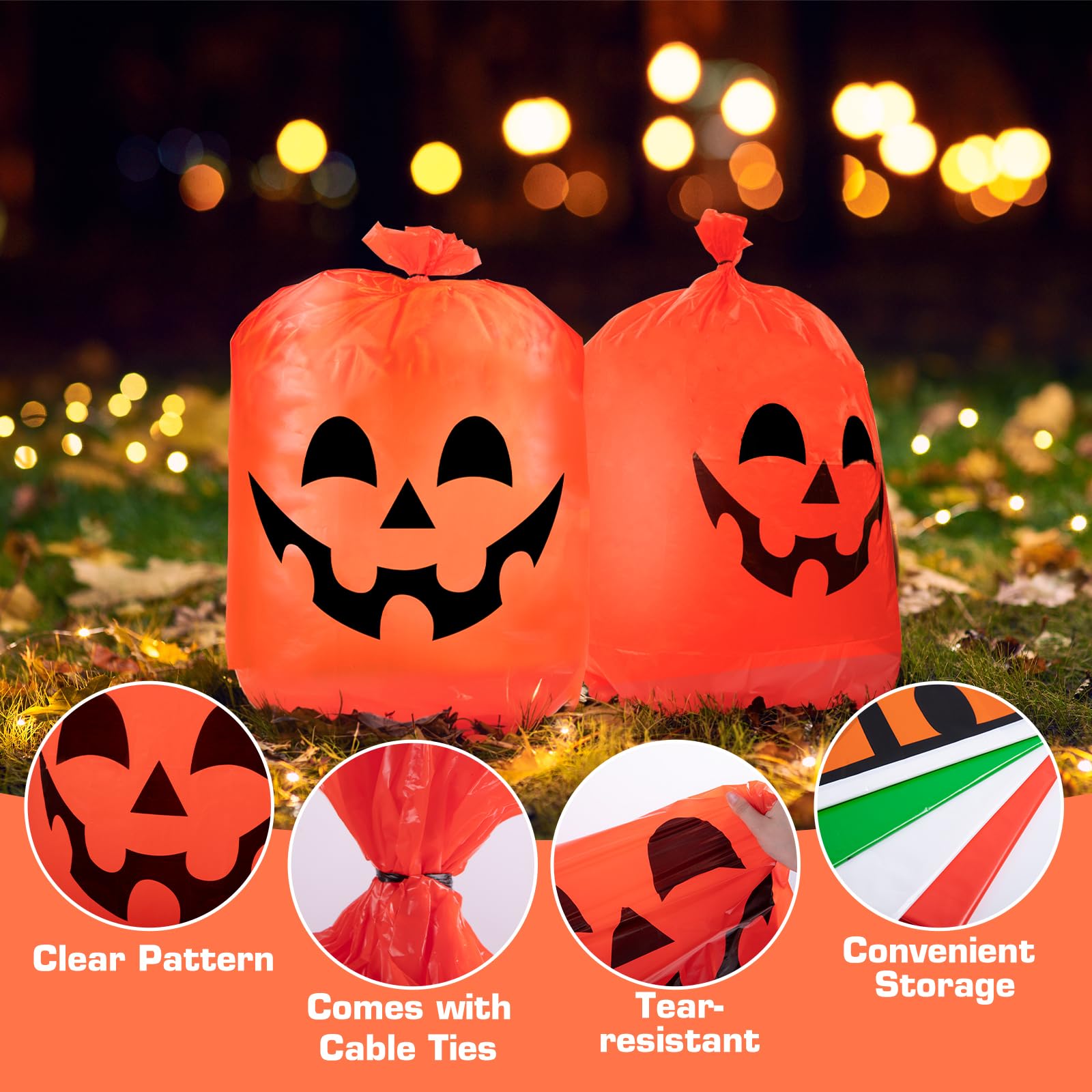 CHANGE MOORE 36-Pack Halloween Leaf Lawn Bags - 5 Spooky Designs with Twist Ties | Pumpkin Decorations & Outdoor Fall Yard Trash Bags for Garden, Lawn, and Halloween Party Decorations
