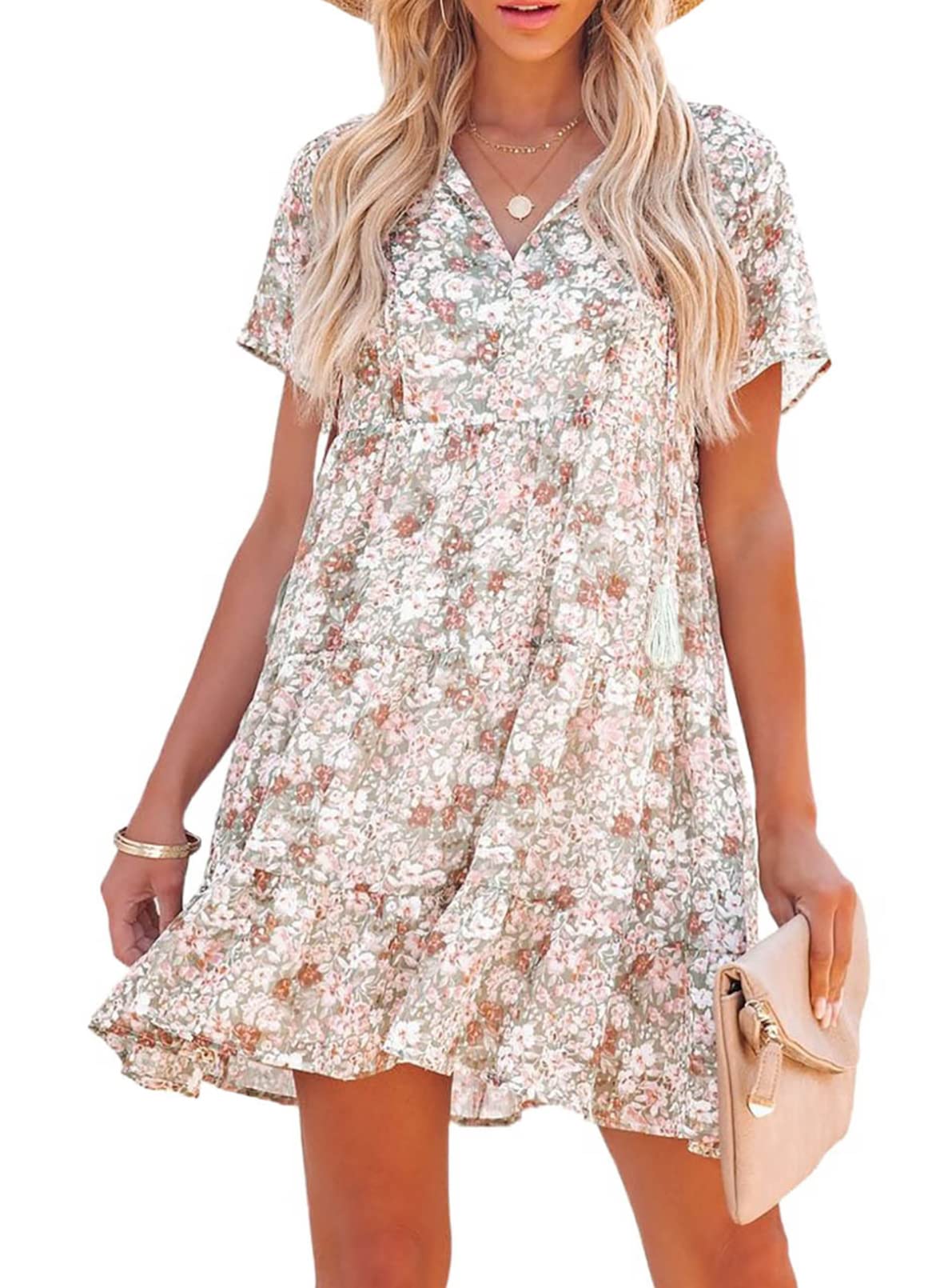 ASVIVID Women's Boho Summer Floral Dress - Casual V-Neck Ruffle Mini Dress with Short Sleeve, A-Line Swing Dress for Beach Vacation, Party & Date Night