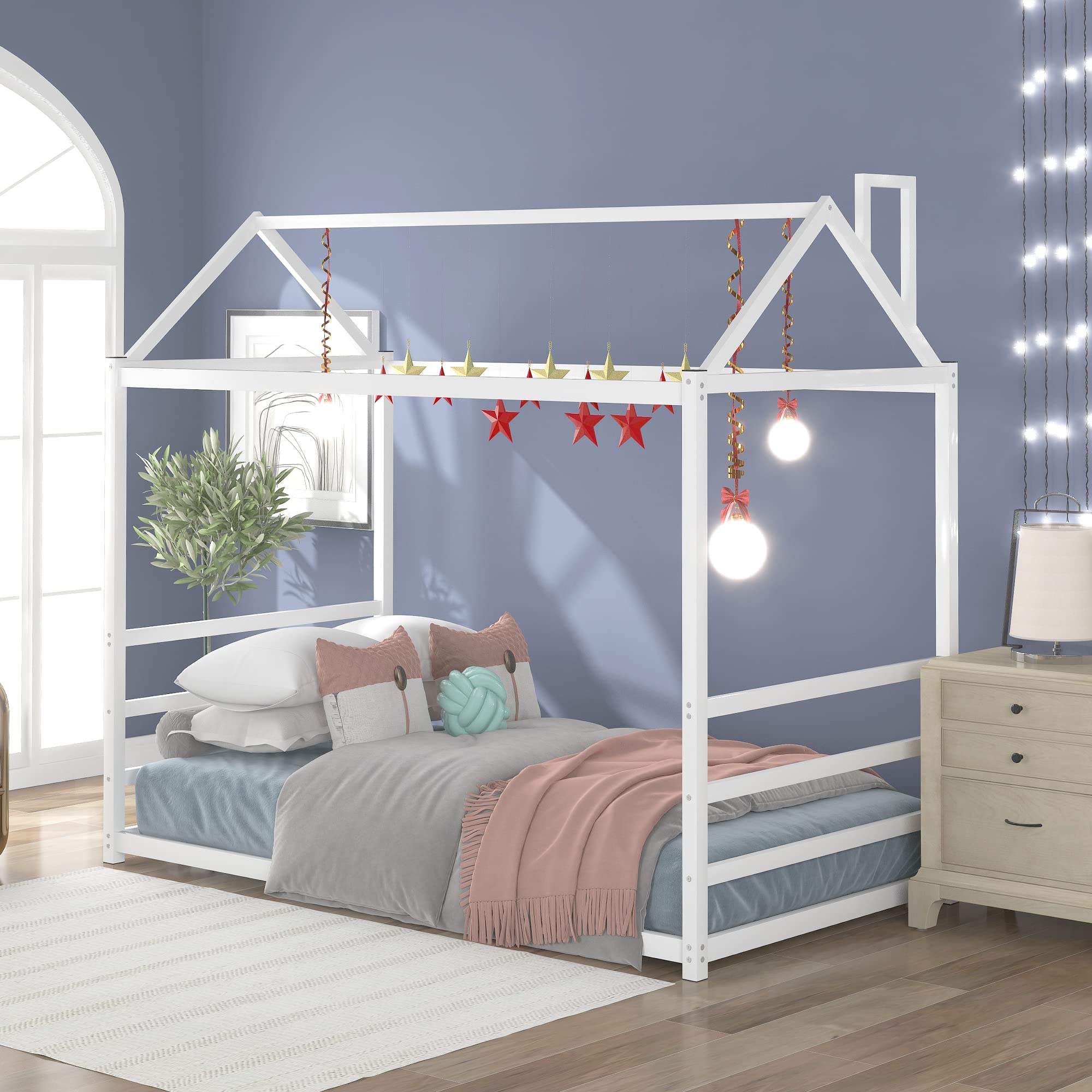 Montessori Floor Bed for Kids - Twin Size Metal House Bed Frame with Roof - Safe & Sturdy Toddler Bed for Boys & Girls - White - Perfect for Montessori Bedrooms, Playrooms & Kids' Sleepovers
