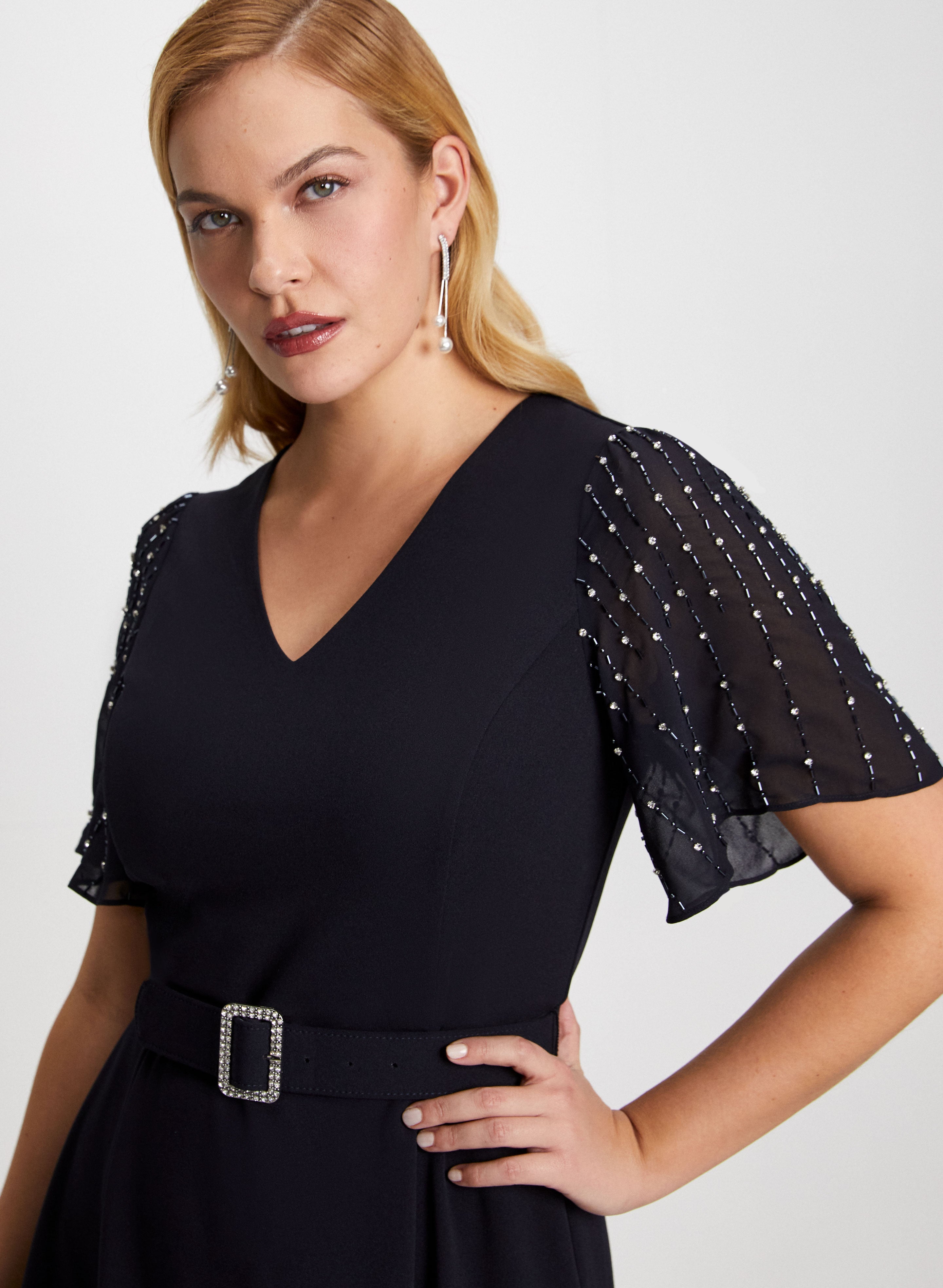 Elegant Beaded Flare Sleeve Dress for Women - Boho Chic Party & Wedding Guest Outfit - Perfect for Date Night, Cocktail Events & Special Occasions