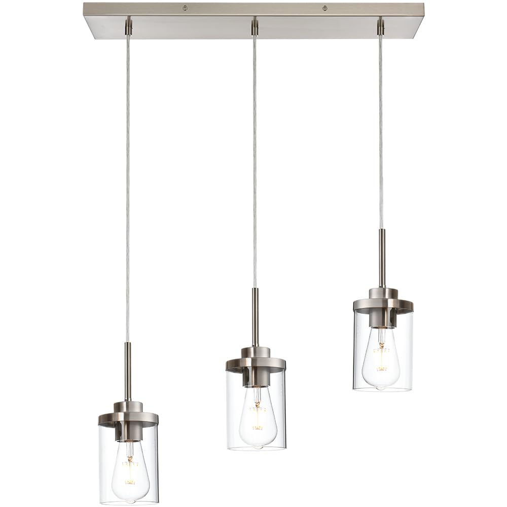 Brushed Nickel 3-Light Pendant Lighting Fixture with Clear Glass Shade - Modern Hanging Lights for Kitchen Island, Dining Room, Bar Counter & Breakfast Nook