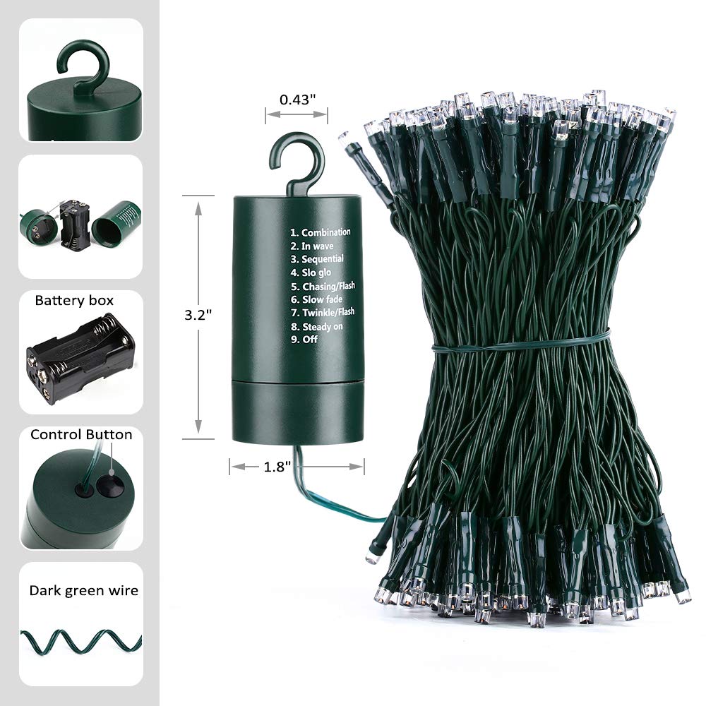 Joomer 66ft 200LED Green Battery Operated String Lights with Timer - 8 Lighting Modes, Waterproof Fairy Lights for Outdoor Christmas Tree, St. Patrick's Day, Garden, Patio, Wedding & Party Decorations