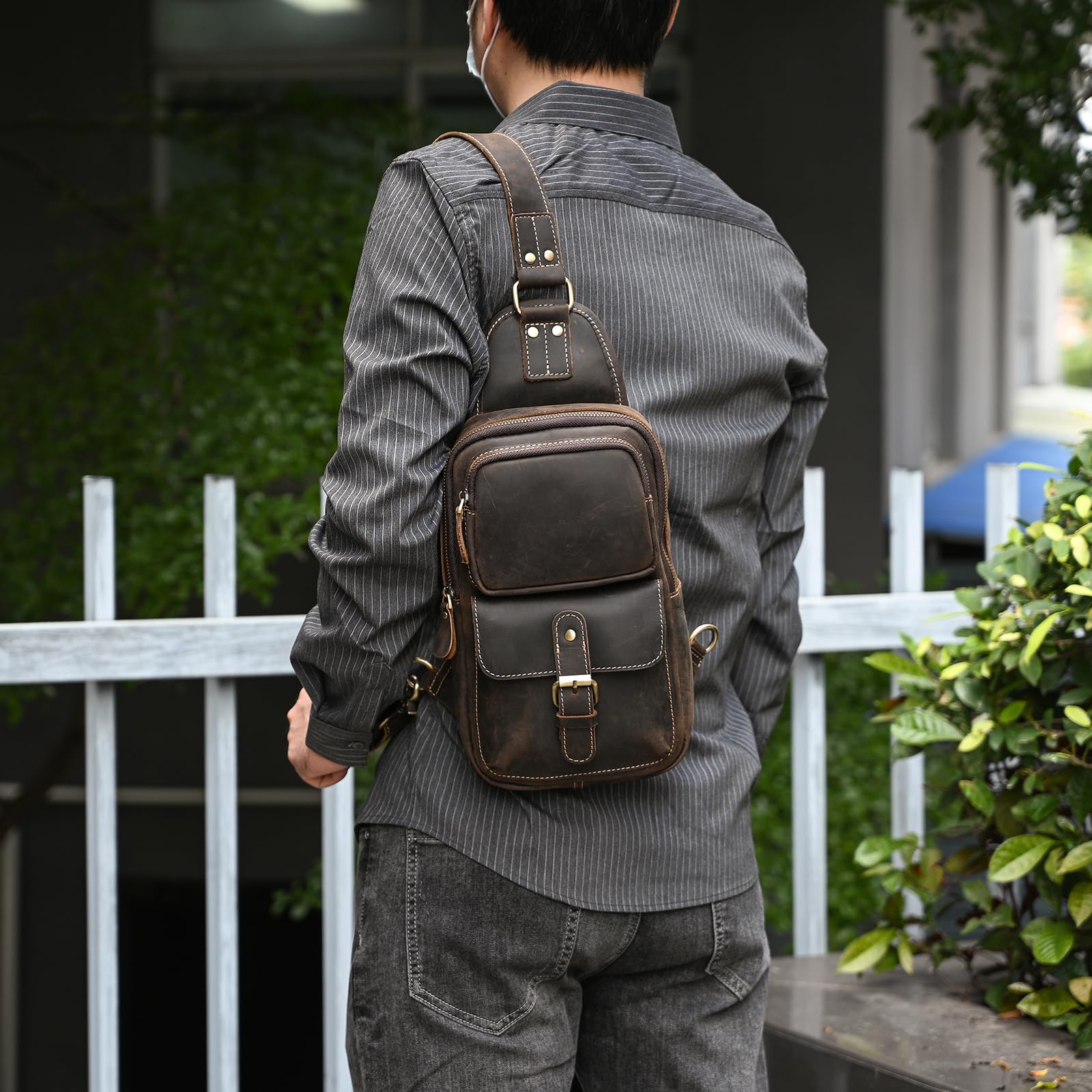 Men's Leather Crossbody Chest Sling Bag - Fashionable Casual Travel & Hiking Shoulder Strap Bag (Dark Brown) - Perfect for Outdoor Adventures, Daily Commute & Hands-Free Convenience