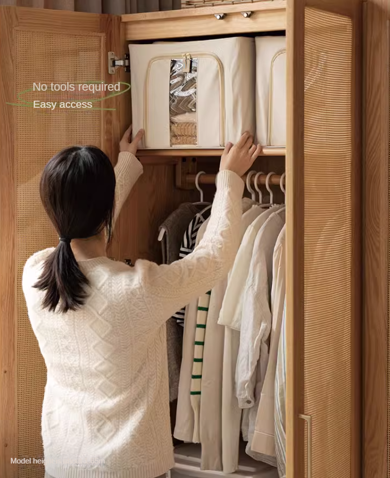 Oak Solid Wood Modular Wardrobe with Rattan Doors - Customizable Closet Storage for Bedroom & Living Room Organization