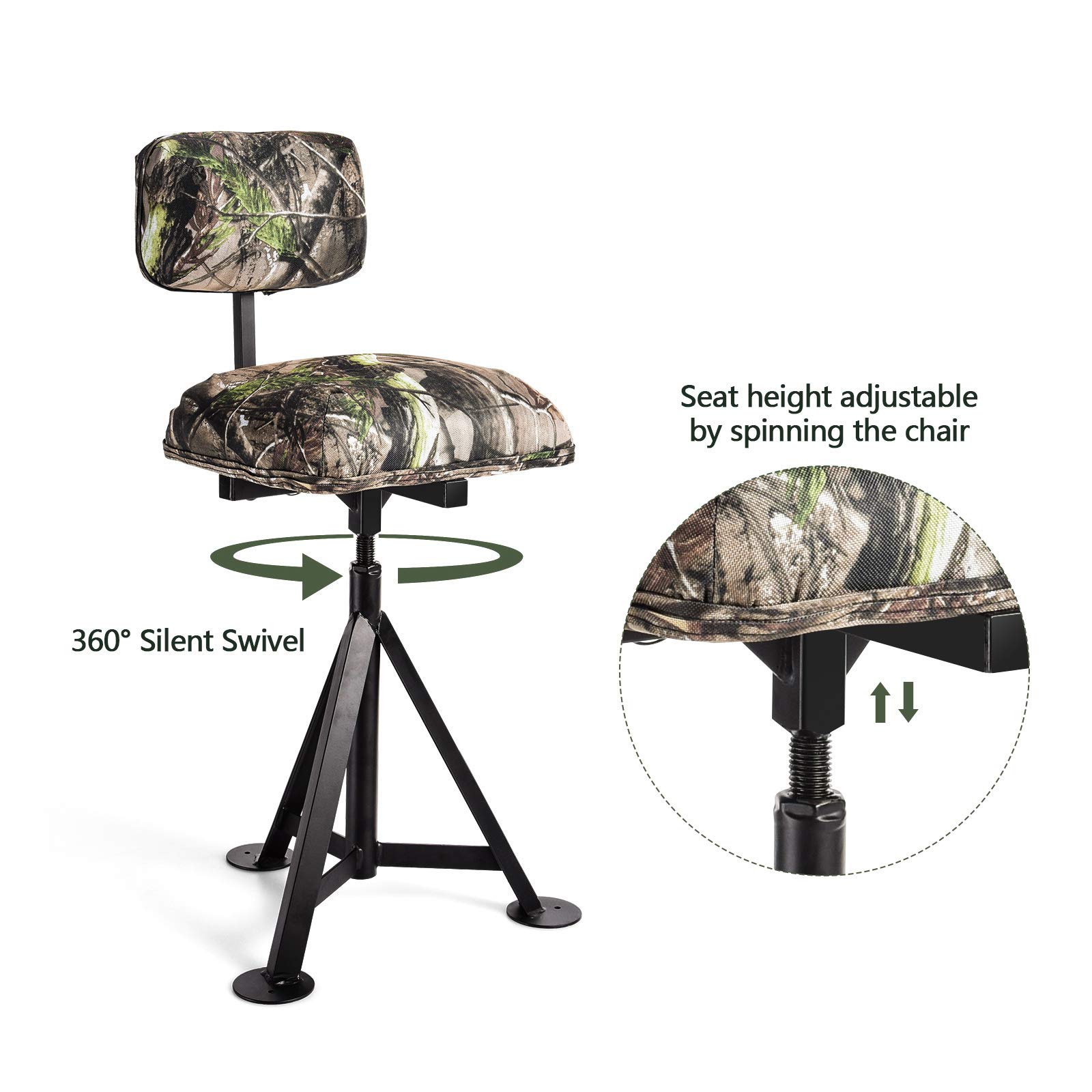 LDAILY 360° Swivel Hunting Chair with Detachable Backrest - Adjustable Height Camo Tripod Stool for Hunting, Fishing & Camping - Padded Seat for Comfort - Perfect for Outdoor Adventures, Blind Hunting & Backpacking Trips