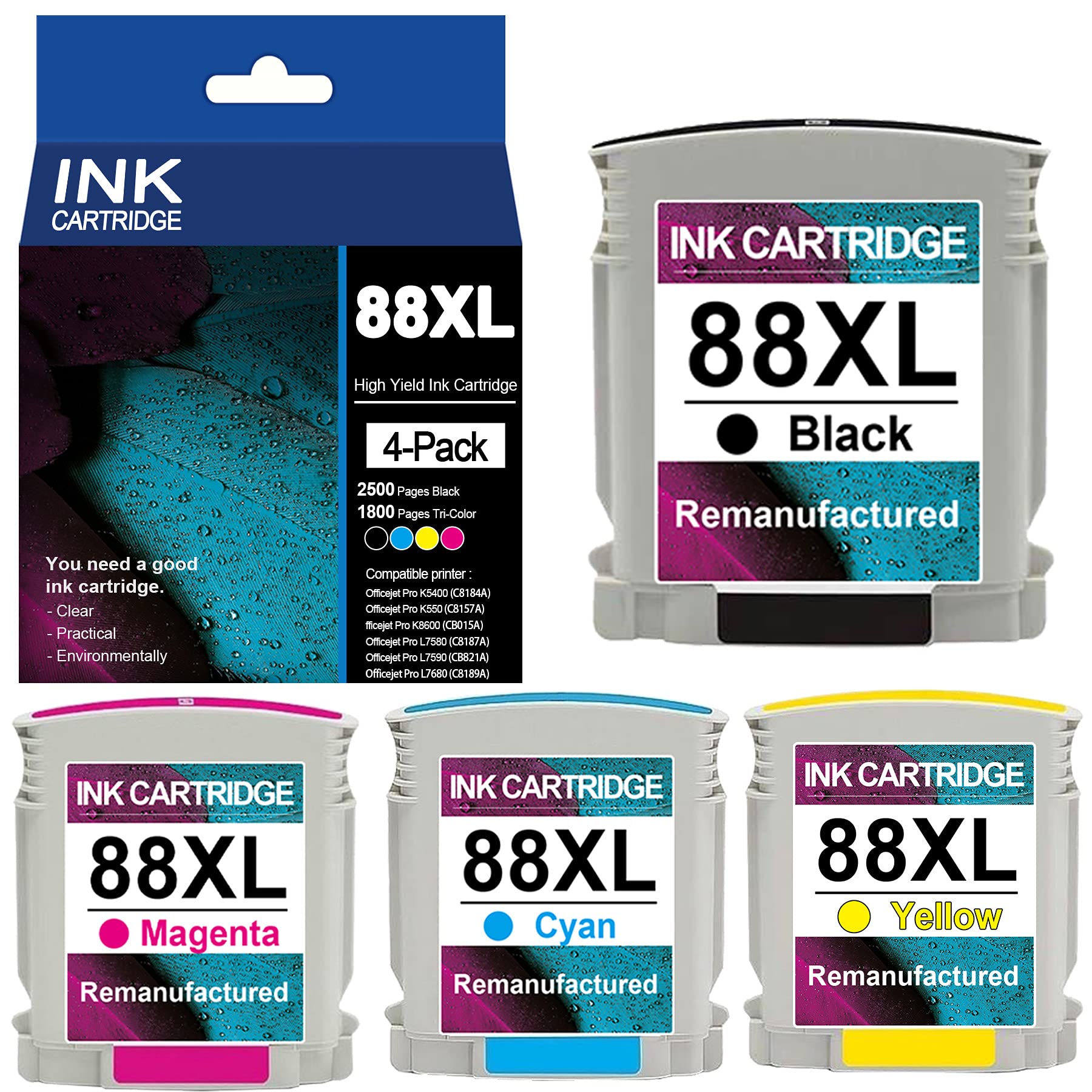 4-Pack (Black, Cyan, Magenta, Yellow) 88XL High-Yield Compatible Toner Cartridge Replacement for HP OfficeJet Pro K5400 (C8184A) & K550 (C8157A) Printers - Ideal for Home, Office & Small Business Printing Needs