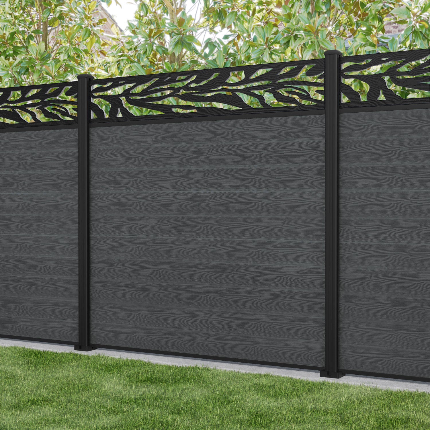 Classic Malawi Fence Panel - Dark Grey Aluminum Privacy Fence with Sturdy Posts | Outdoor Garden, Yard, and Property Boundary Solution