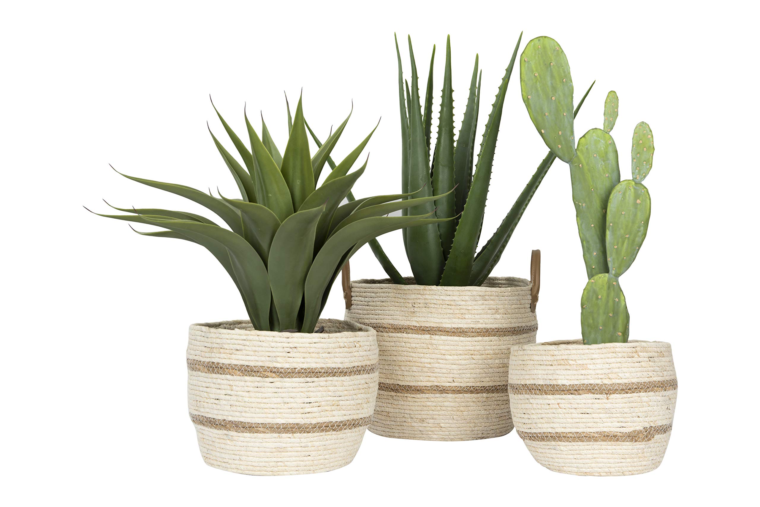 Creative Co-Op Set of 3 Beige & Brown Wicker Storage Baskets with Leather Handles - Small Medium Large Sizes for Home Organization, Bathroom, Bedroom & Office Decor