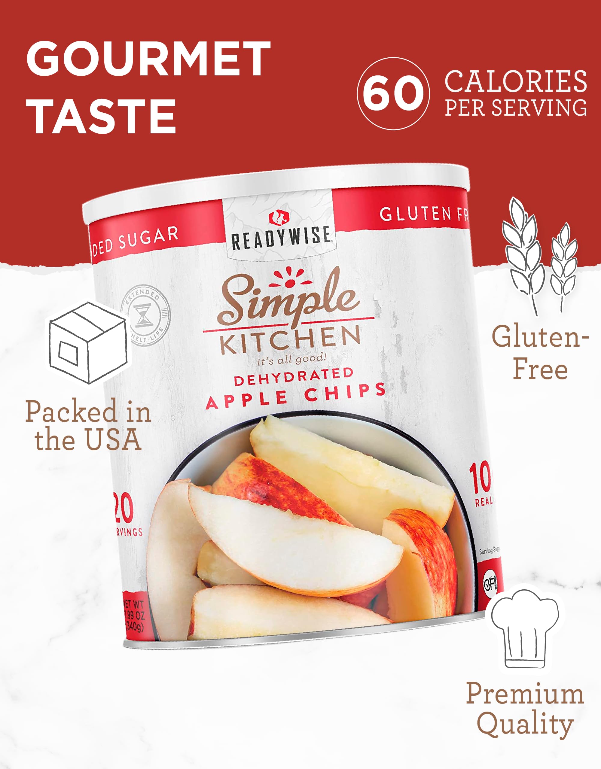 READYWISE Dried Apple Chips - 20 Servings, Vegan, Gluten-Free Healthy Fruit Snacks | #10 Can for Camping, Hiking, Emergency Food Storage & School Lunch Boxes