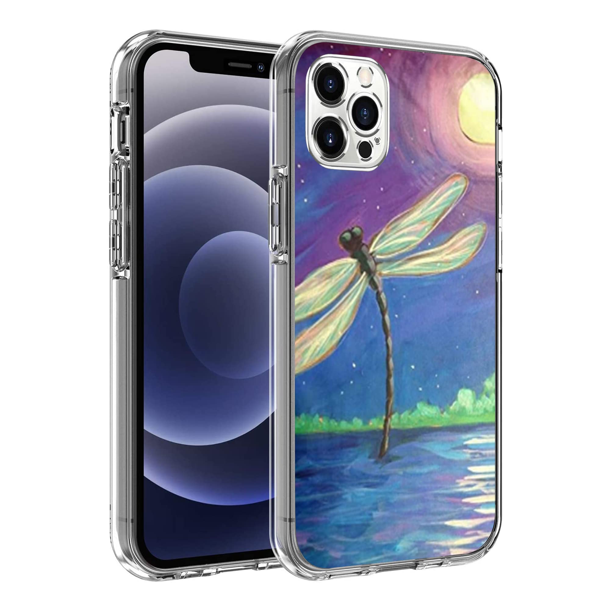 iPhone 12 Case & iPhone 12 Pro Case - Moon Dragonfly Oil Painting Clear TPU Cover | Shockproof Slim Soft Protective Phone Case for Women & Men | Perfect Gift Idea for Birthday, Christmas & Daily Use