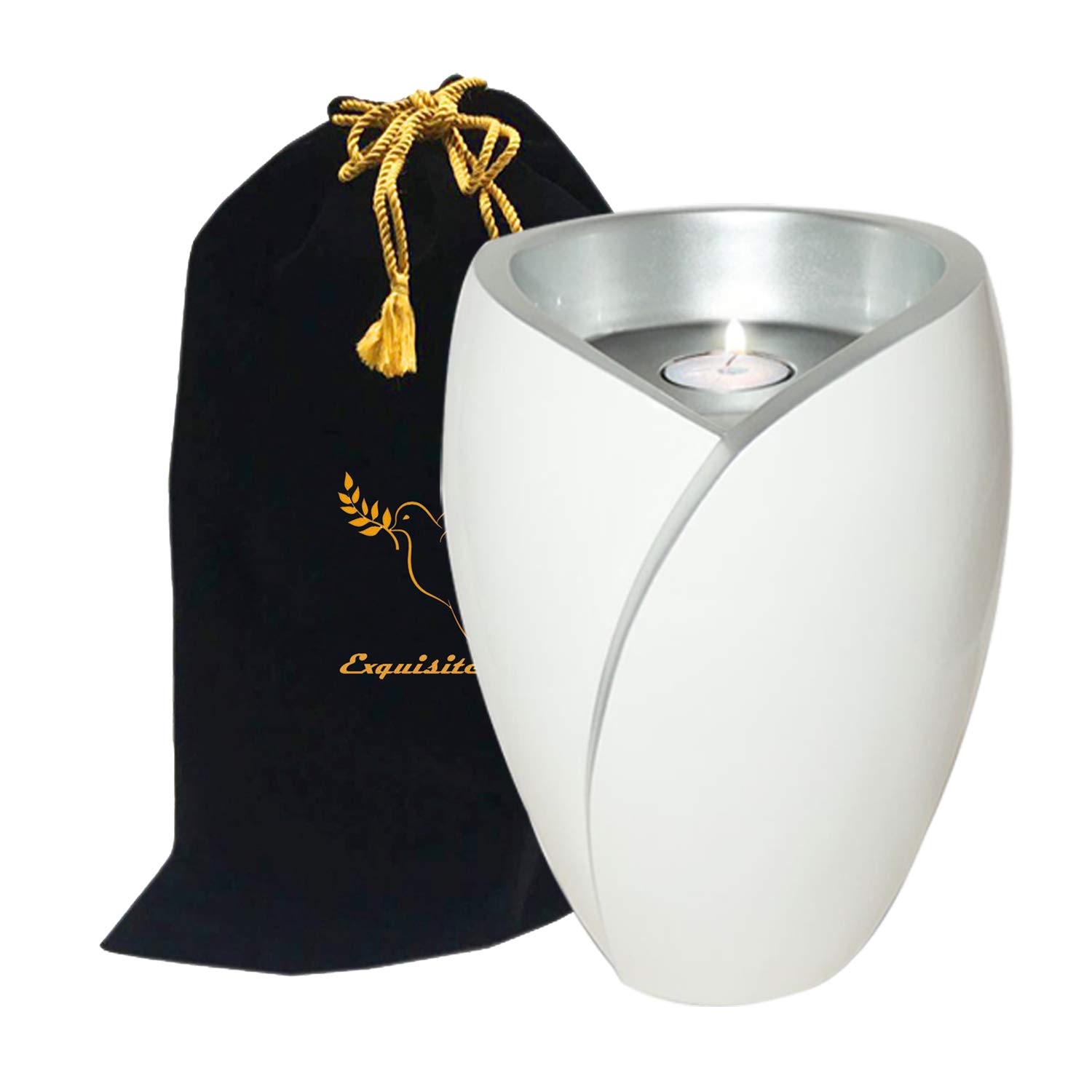 Handmade Fiberglass Cremation Urn for Adults - Lightweight Funeral Urn for Ashes with Free Velvet Bag & Ash Bag - Elegant White & Silver Design - Perfect for Memorial Services, Home Display & Scattering Ceremonies