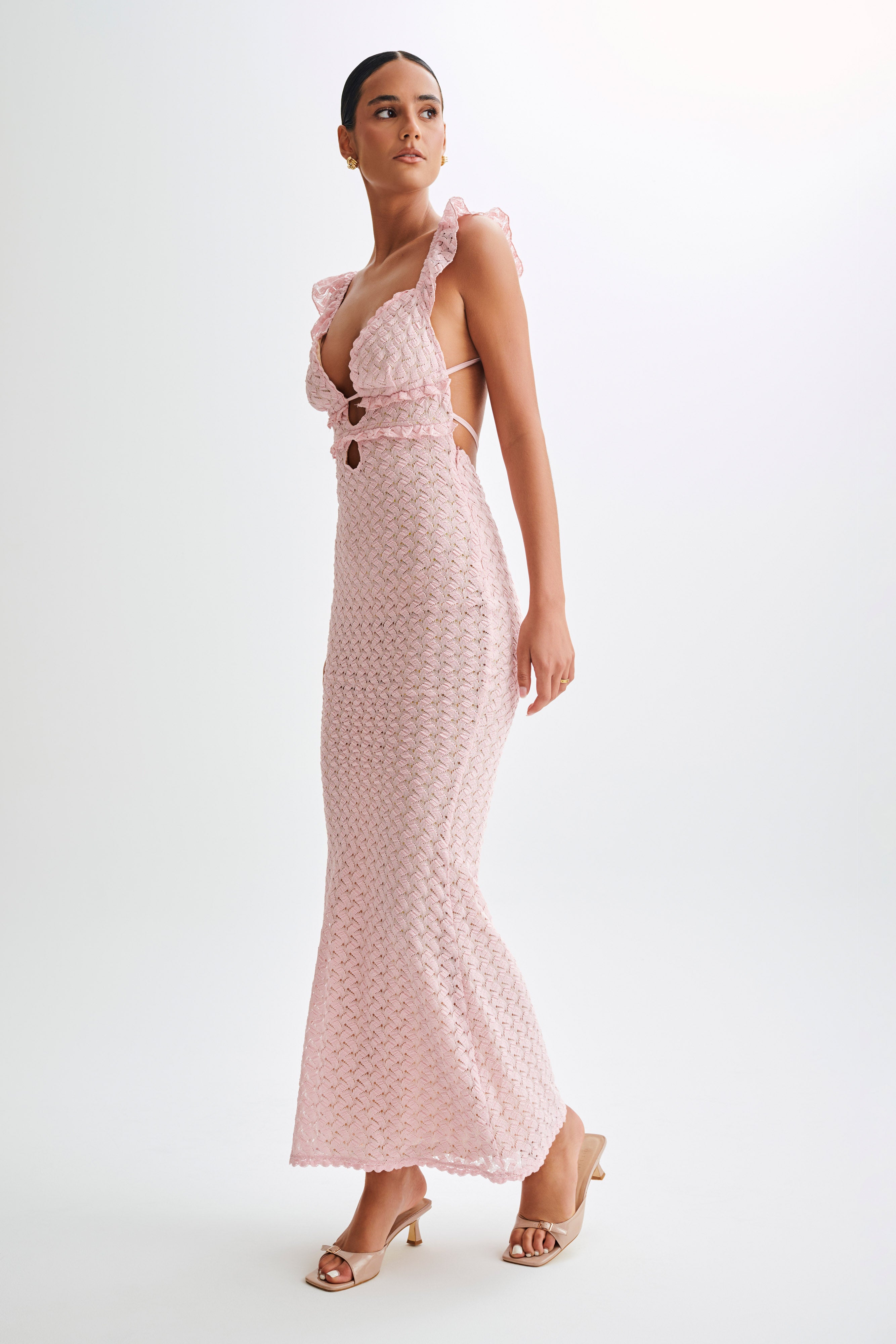 Ezra Lace Maxi Dress for Women - Elegant Powder Pink Long Flowy Dress for Wedding, Party & Special Occasions